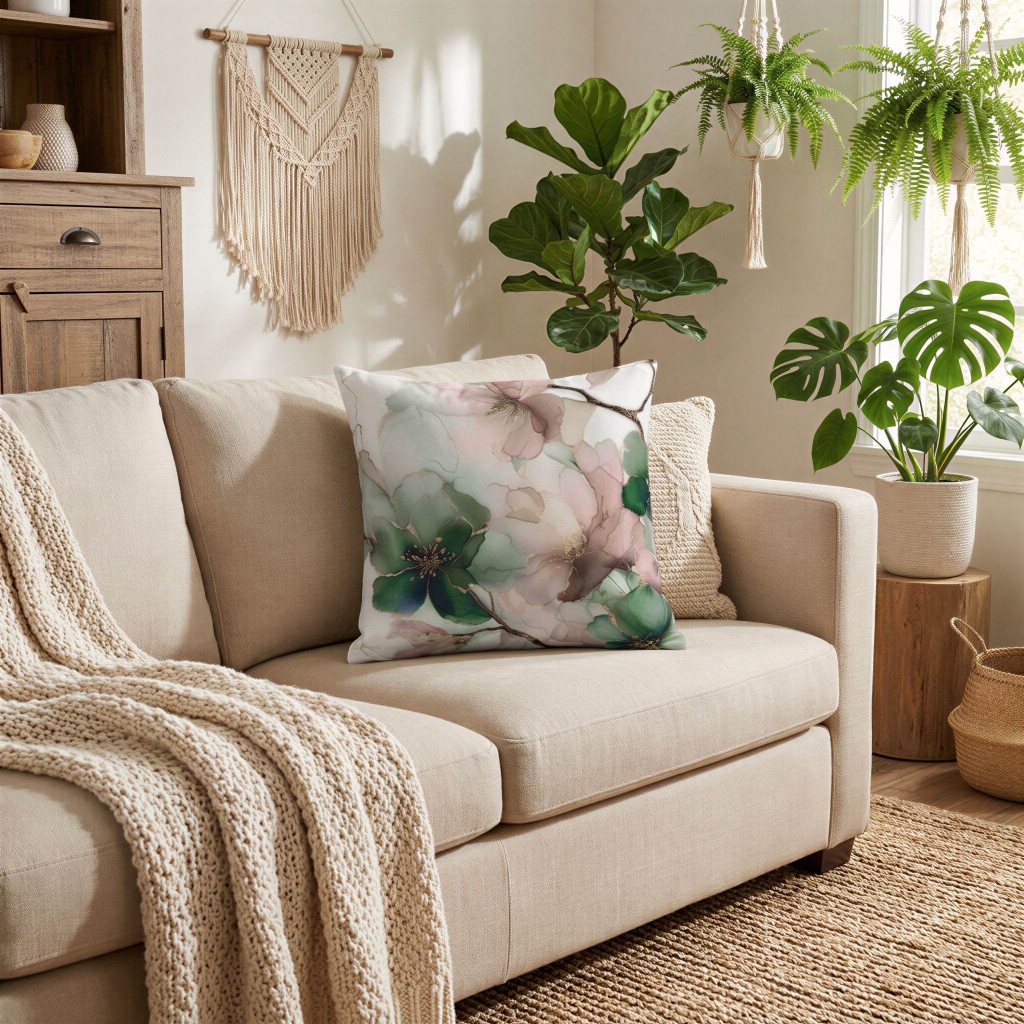 a cozy living room with a beige sofa adorned with a floral throw pillow, a woven rug, and various potted plants.