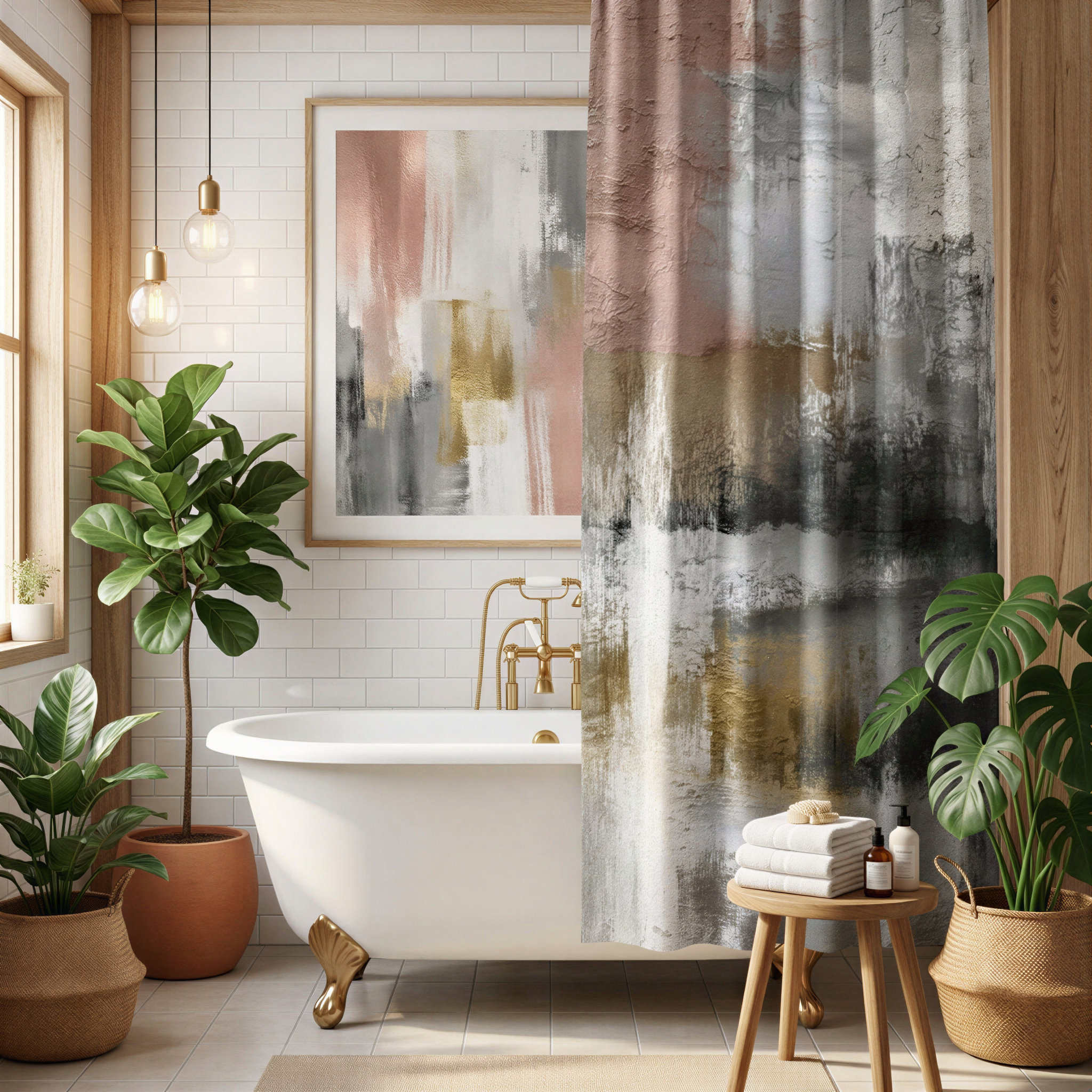 a modern bathroom with a white clawfoot bathtub, a large abstract painting on the wall, and several potted plants.