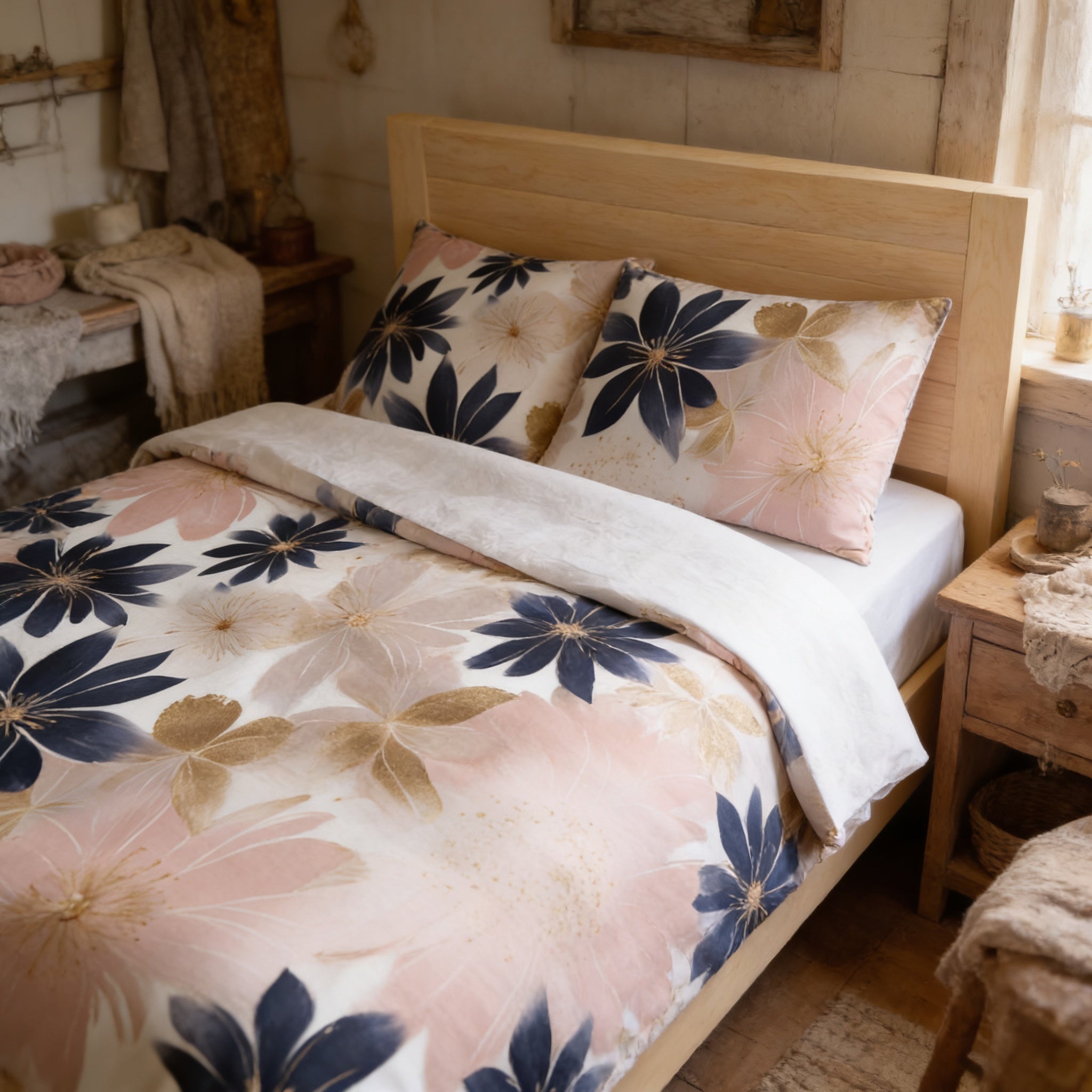 a bedroom with a bed covered in a floral comforter and pillows. The bed is positioned against a wall with a window, and there are other furniture items in the room, such as a dresser and a nightstand.