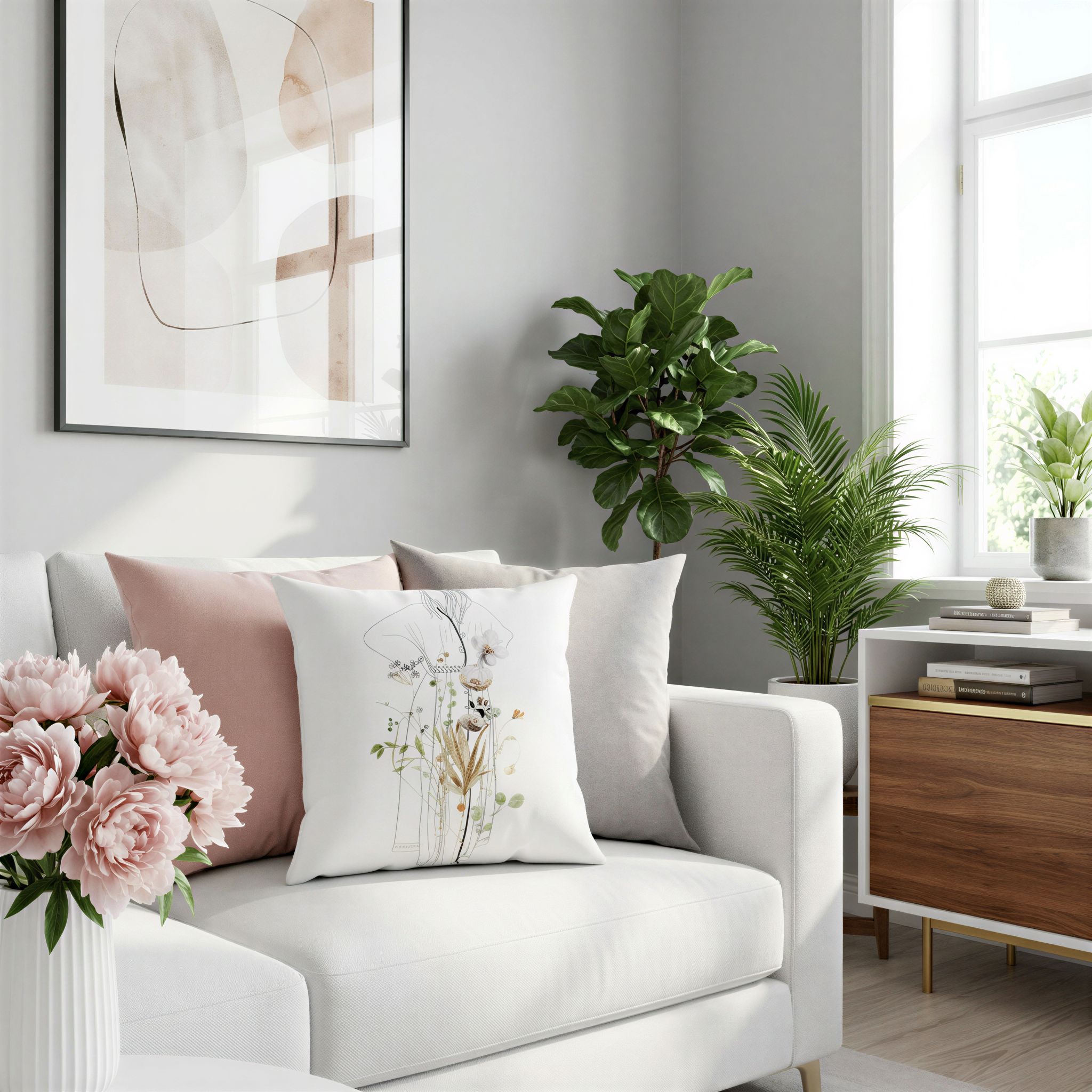 a cozy living room with a white sofa adorned with pink and white throw pillows, a wooden side table, and a large abstract painting on the wall. The room is filled with natural light from a window, and the space is decorated with various plants and books, creating a warm and inviting atmosphere.