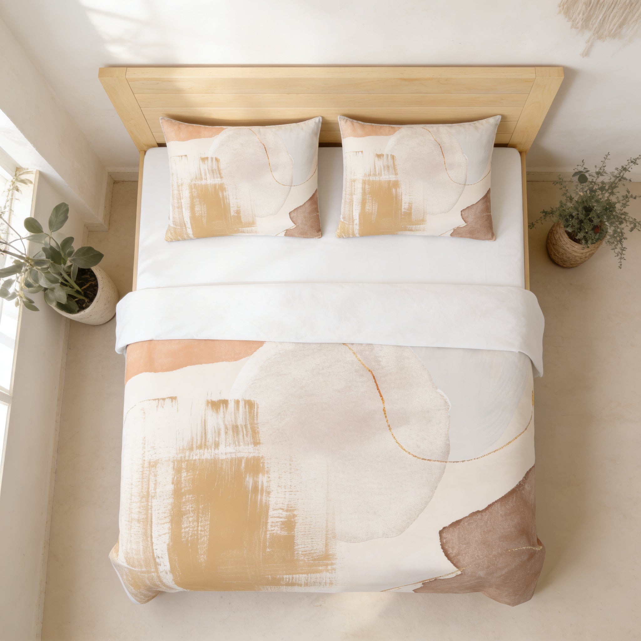 a bedroom with a bed featuring a white and beige abstract patterned comforter and pillows. The bed is positioned against a wall, with a window nearby. There are also two potted plants in the room, one on the left side and the other on the right side.