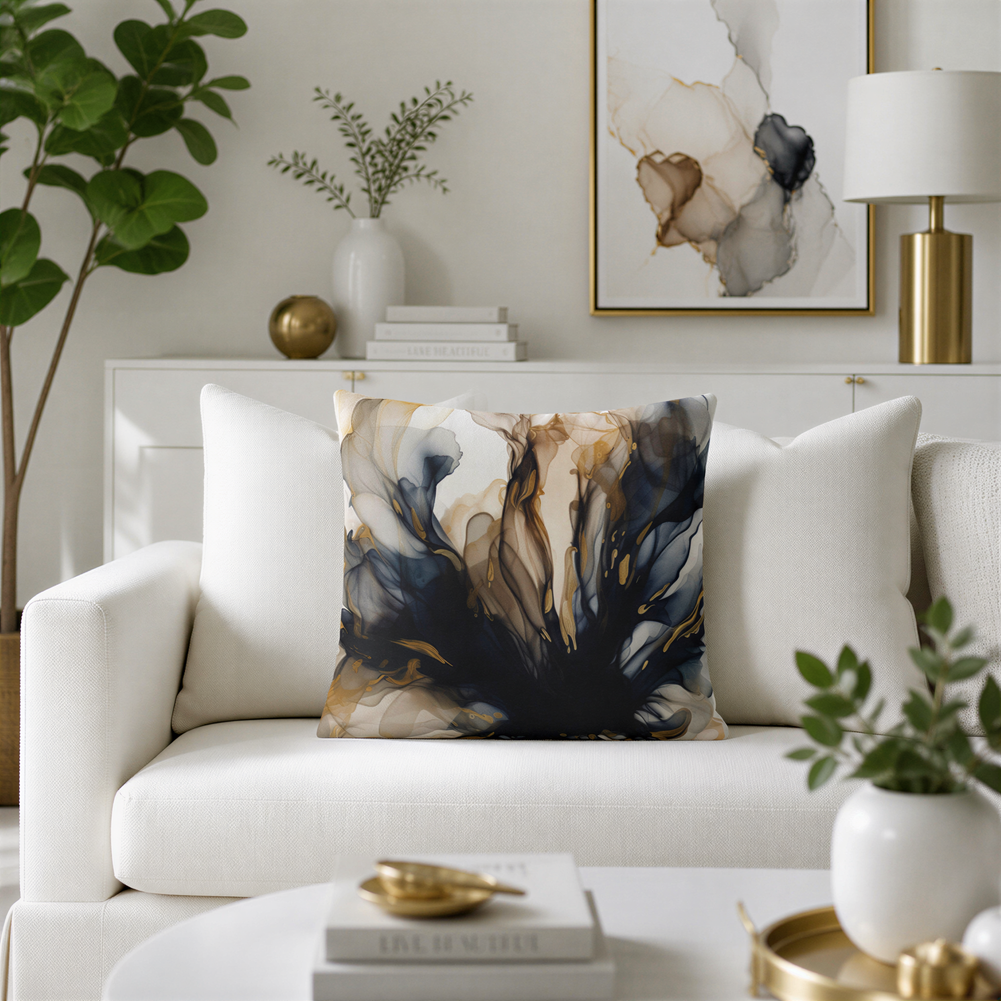 a living room with a white sofa, a decorative pillow with an abstract floral design, and various decorative elements such as a plant, a vase, and a framed artwork on the wall.