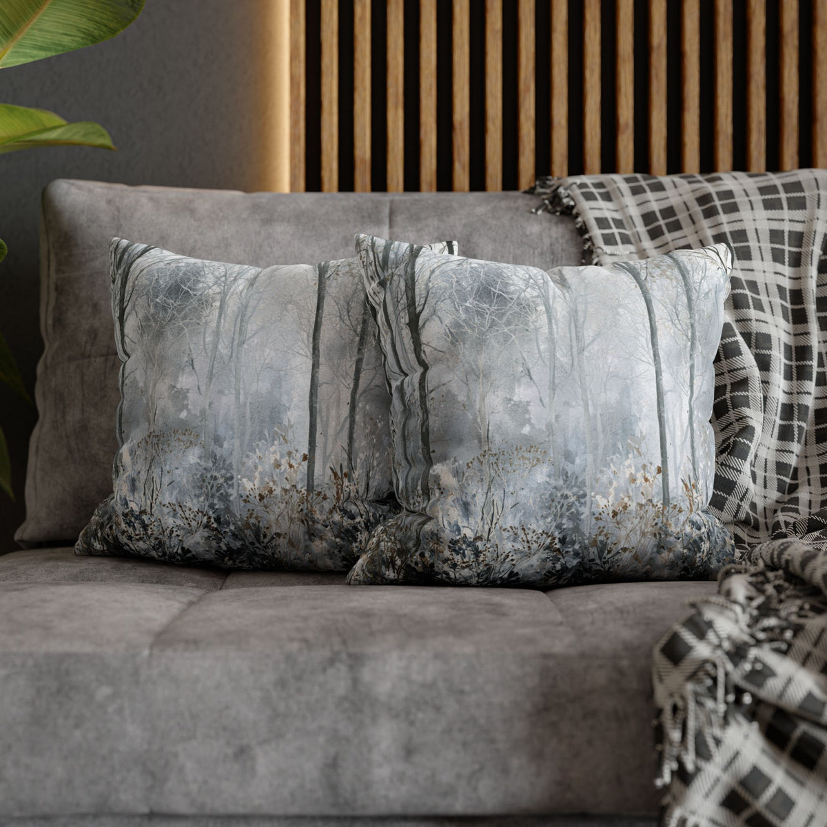 Misty Winter Forest Pillow Cover | Grey Blue Foggy Trees Pillowcase