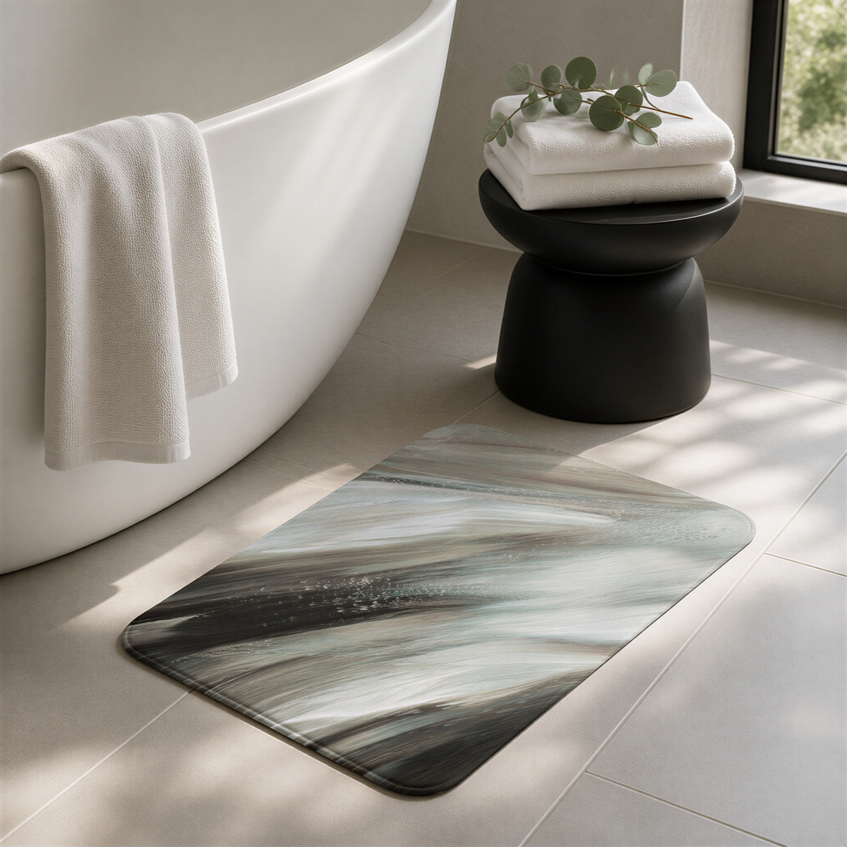 a bathroom interior with a white bathtub, a black stool with a stack of white towels on top, and a decorative rug on the floor.