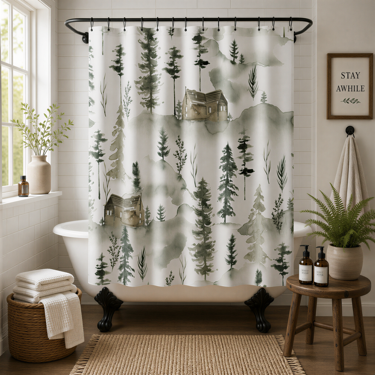 a bathroom with a shower curtain featuring a forest scene, a white bathtub, a wooden stool, and various decorative elements such as potted plants and bottles.
