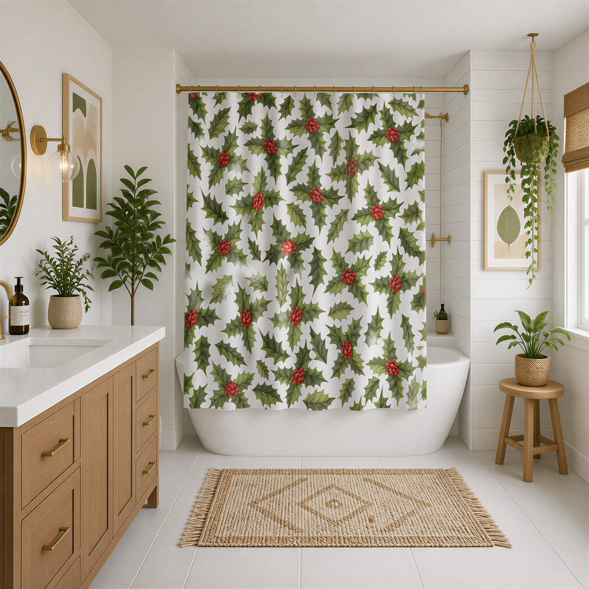a modern bathroom with a white bathtub, a wooden vanity, and a shower curtain with a holly pattern. The bathroom is decorated with various plants and has a rug on the floor.