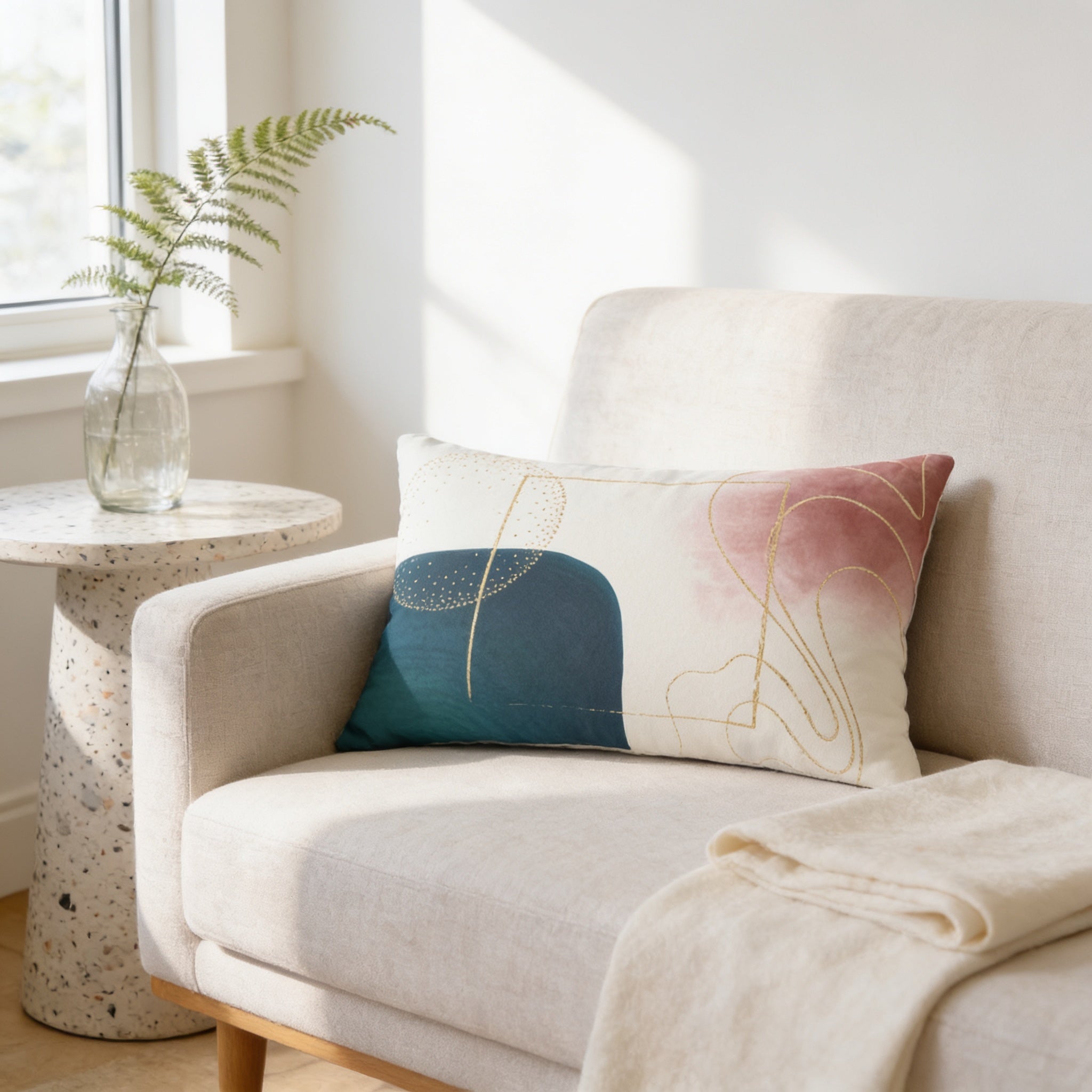 a cozy living room with a beige sofa, a round table with a vase of greenery, and a colorful throw pillow on the sofa.