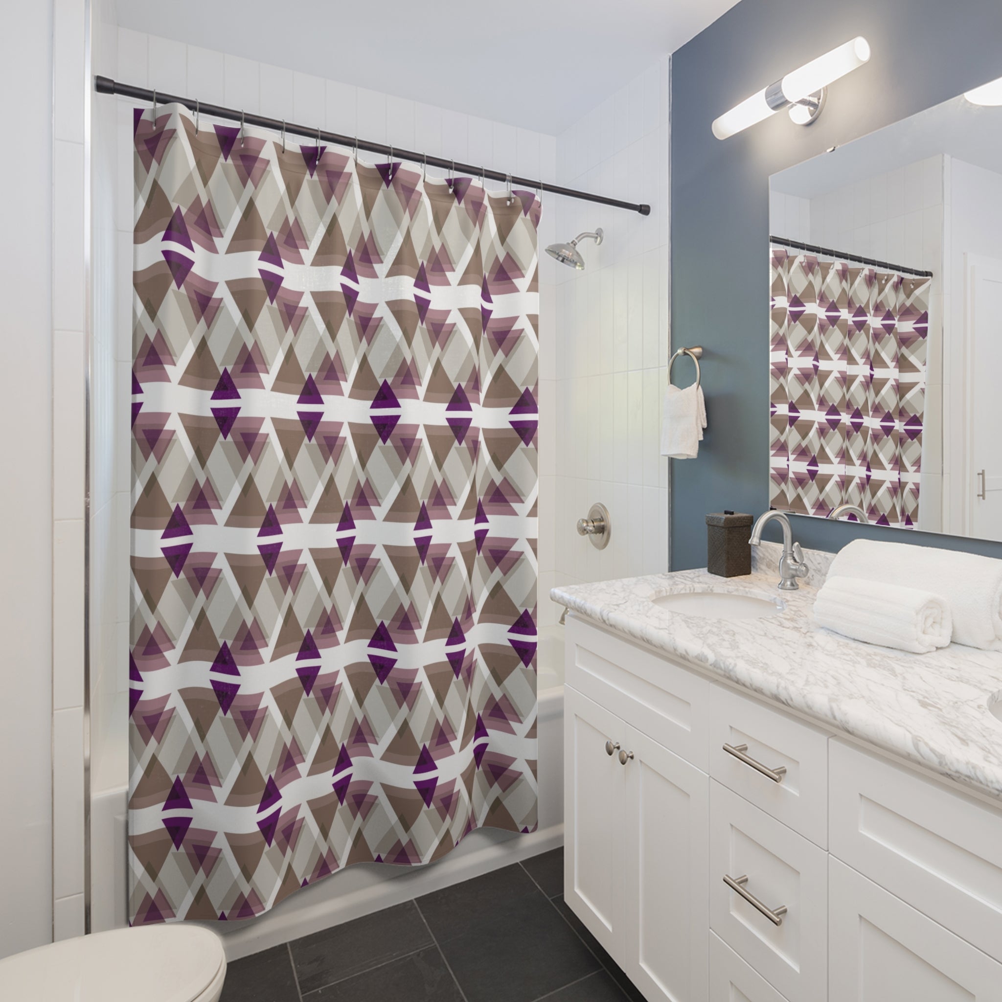 Boho Shower Curtain | Geometric Purple White Taupe Beige Fabric Curtain