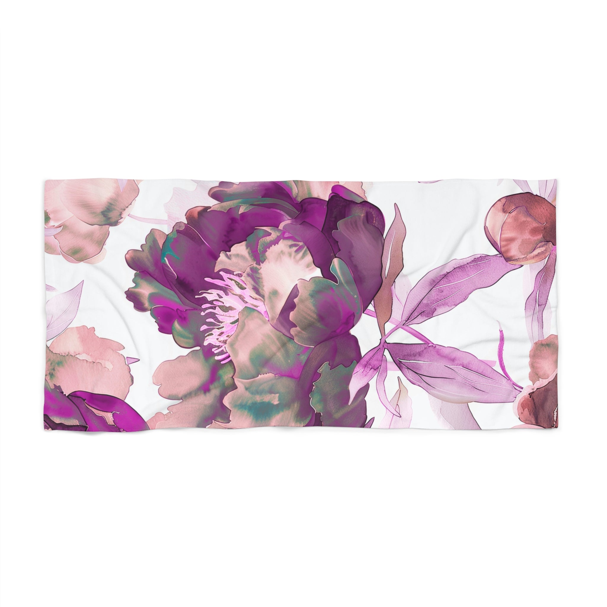 Floral Bath, Beach Towel | Botanical White Pink Watercolor