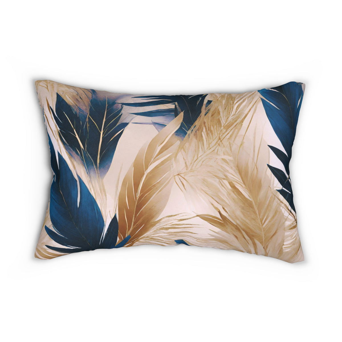 Navy Blue and Beige Palm Leaf Lumbar Pillow