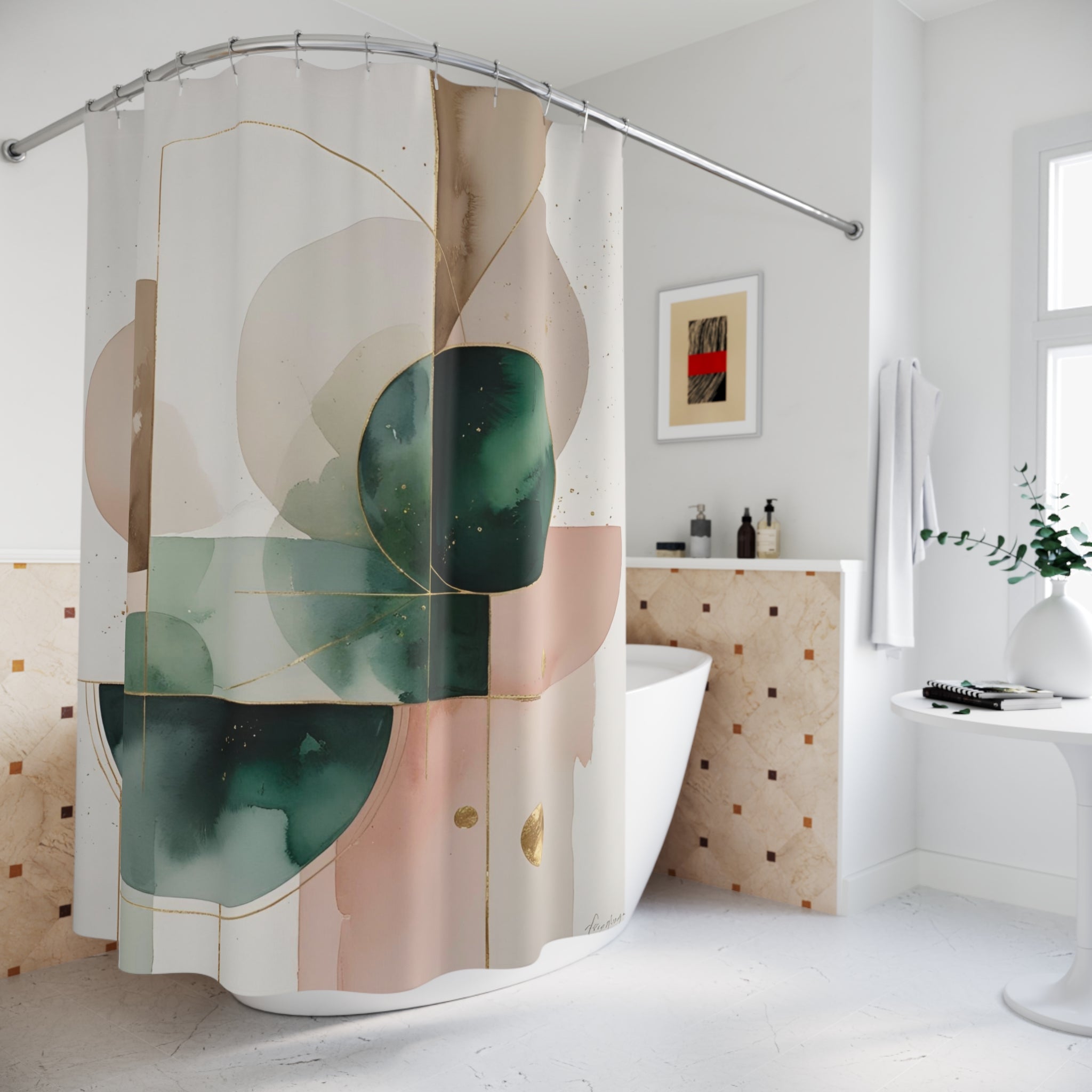 Shower Curtain | Abstract Green Beige Pink, White Muted Gold