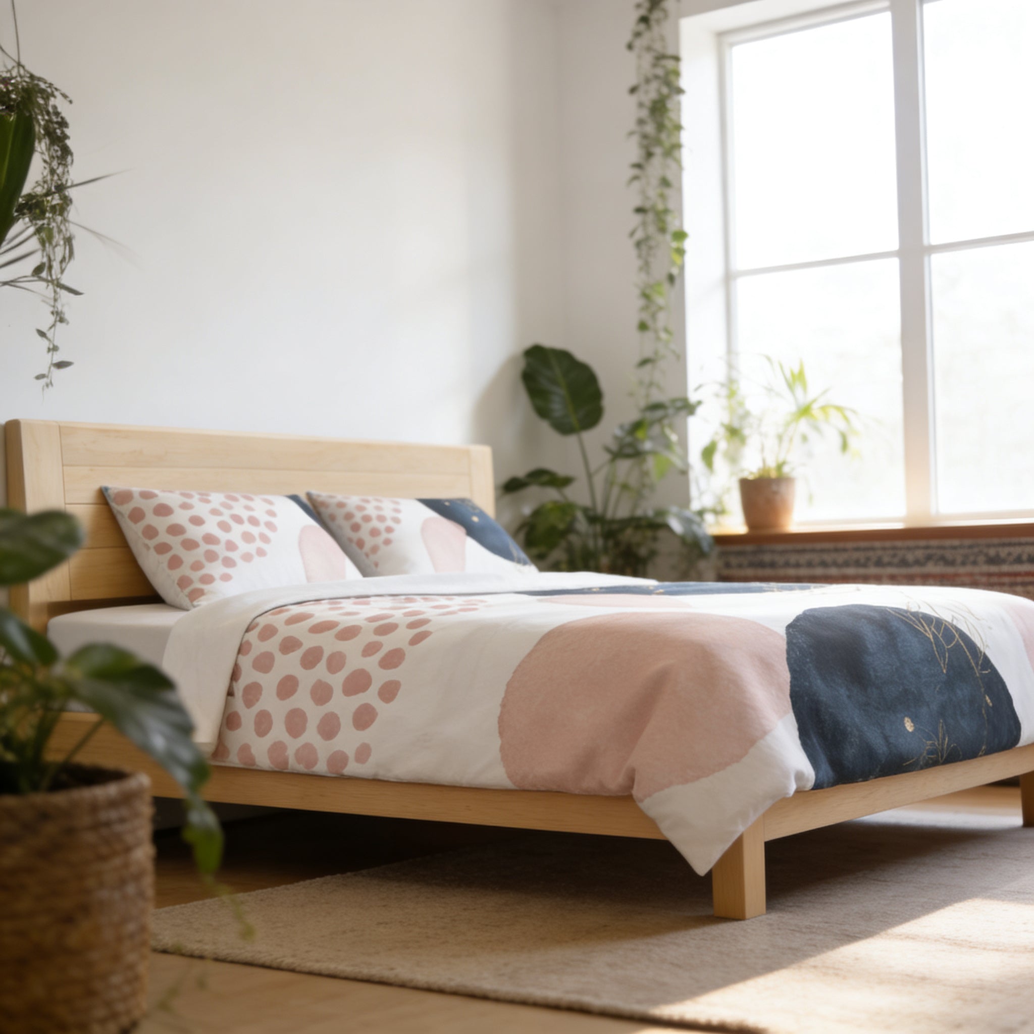 a cozy bedroom with a wooden bed frame, a colorful patterned comforter, and several potted plants. The room has a window that allows natural light to enter, creating a warm and inviting atmosphere.
