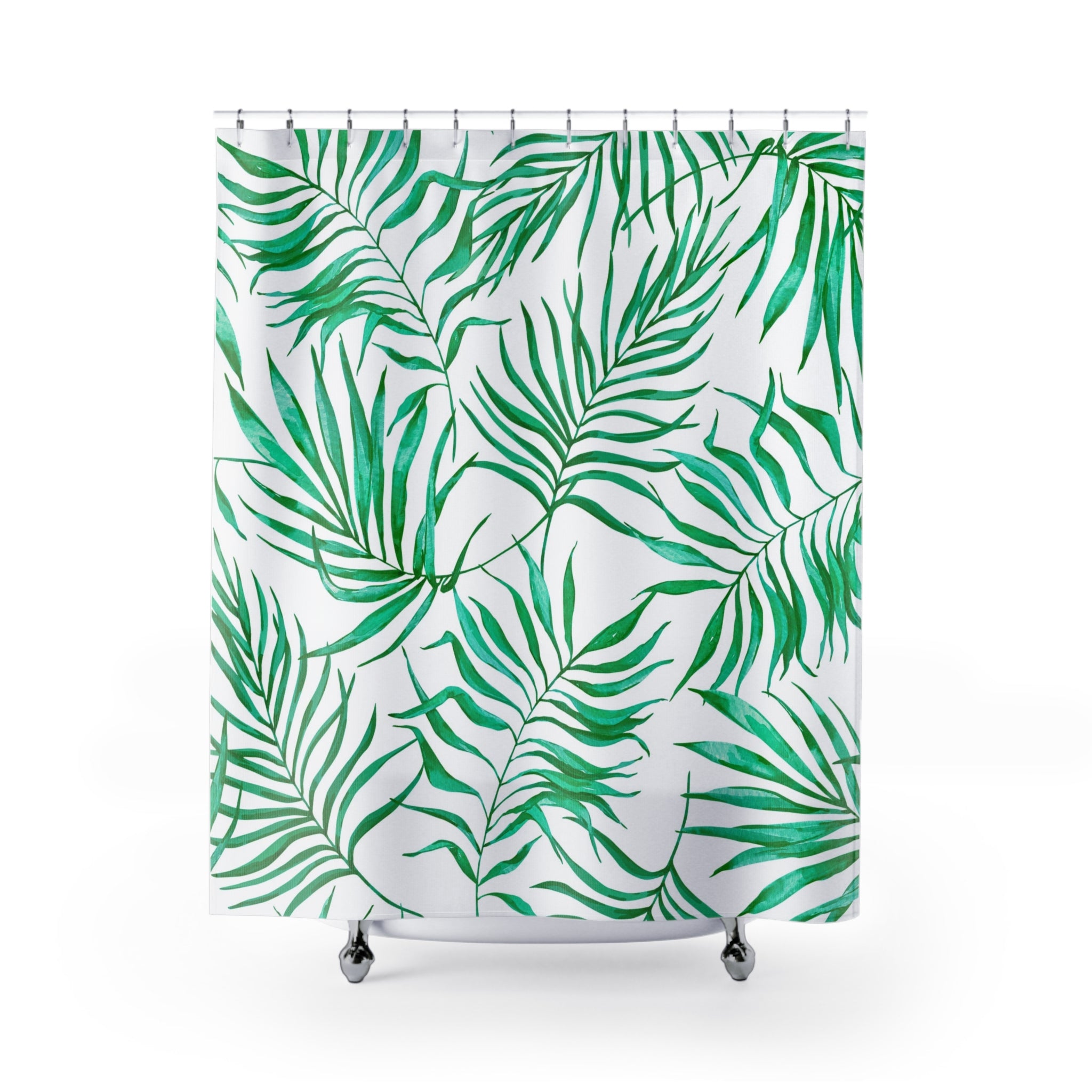 Floral Shower Curtain | Tropical Green Palm Leaves, White