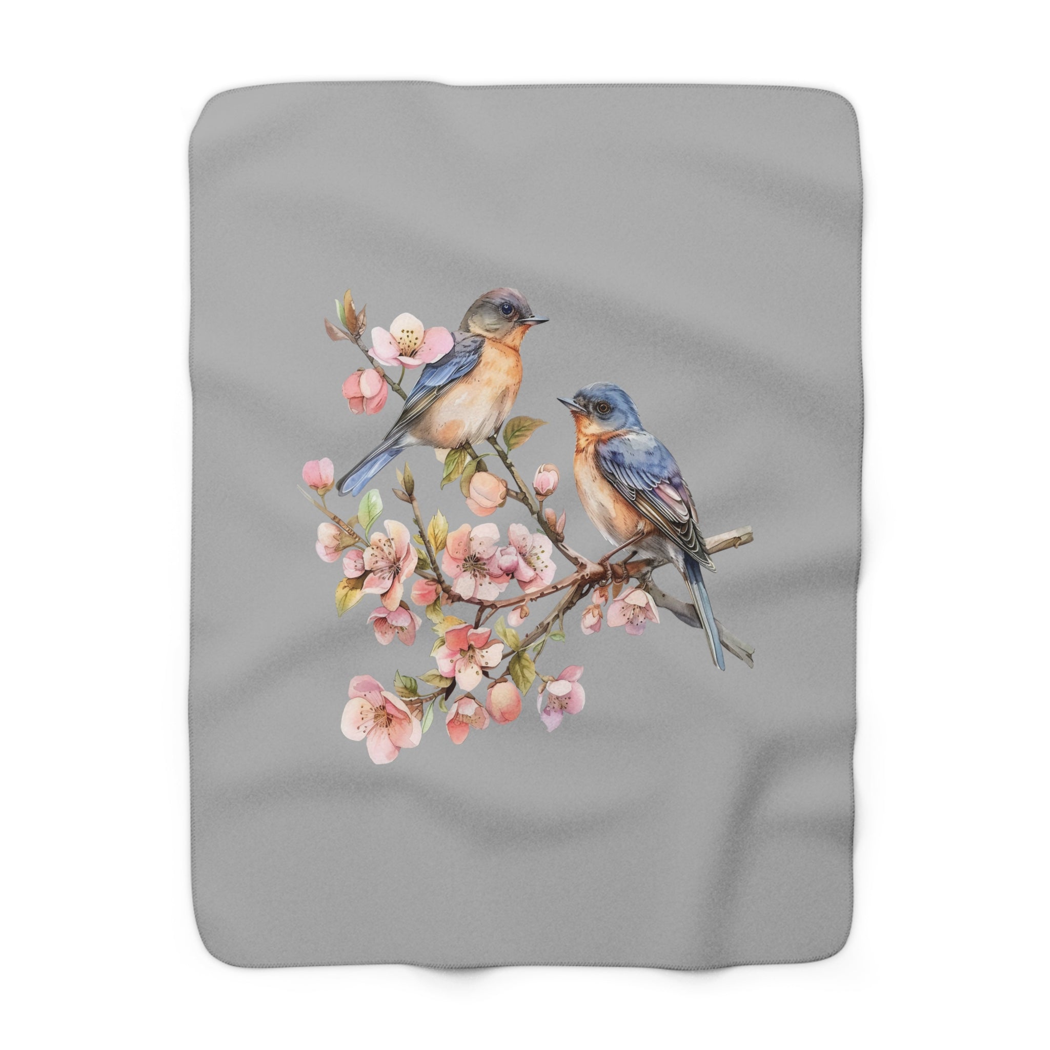 Bird Throw Blanket | Grey Pink Sakura Flowers