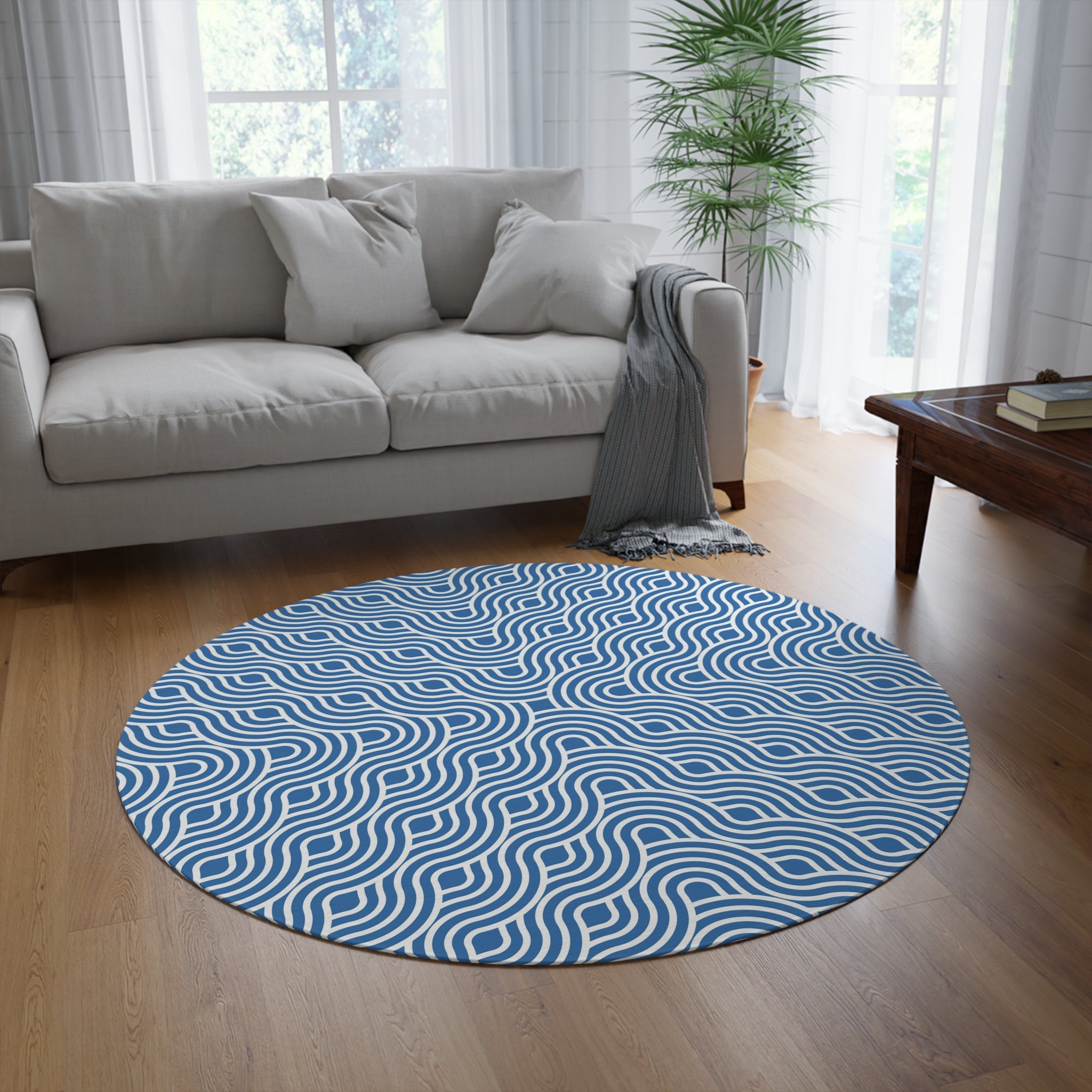 Art Deco Round Area Rug | Retro Blue White, Art Nouveau Waves