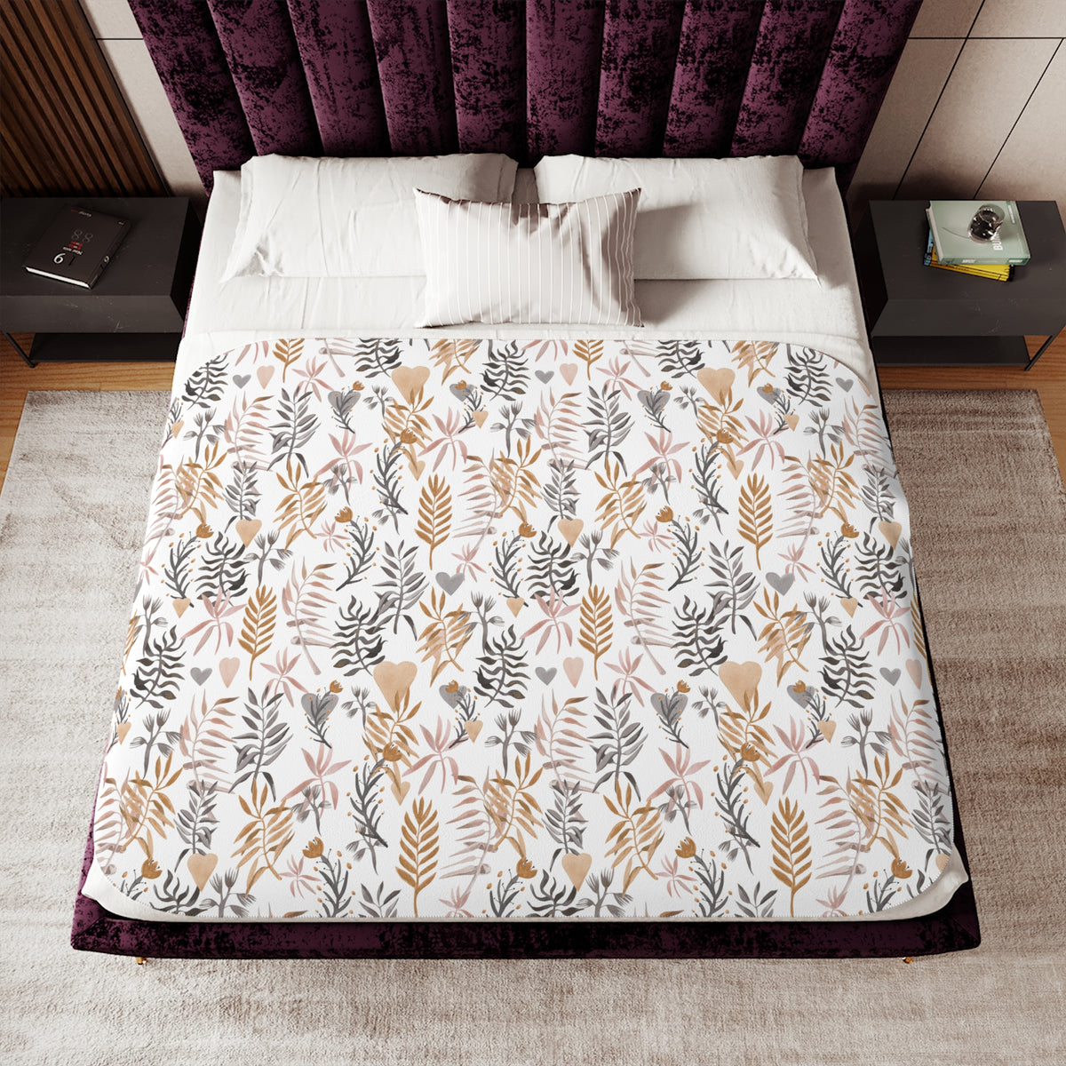 Boho Botanical Leaf Sherpa Blanket | Blush Caramel Gray Throw