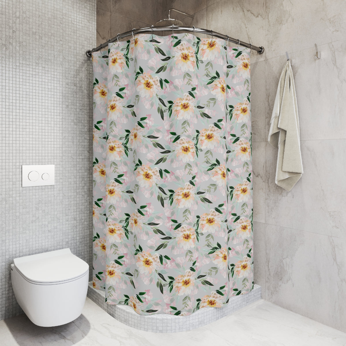 Peach Sage Watercolor Peony Shower Curtain, Bath Curtain 71x74