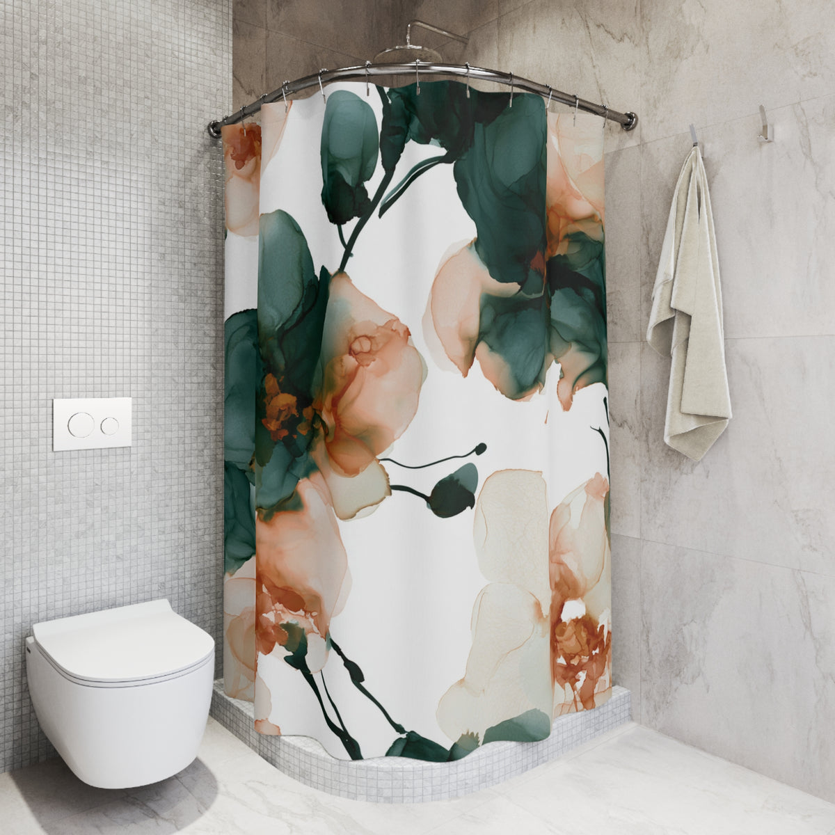a bathroom with a shower curtain adorned with a floral pattern in shades of green, orange, and white. The shower curtain is hanging on a rod next to a towel, and there is a toilet visible in the corner of the room.
