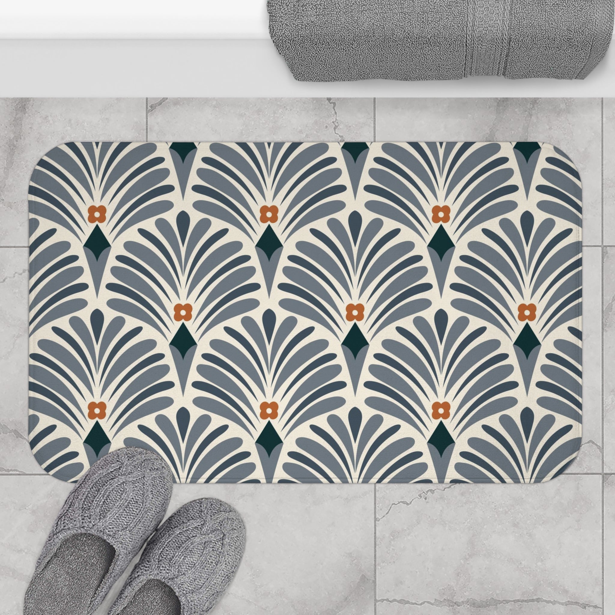 Retro Bath Mat | Navy Blue, Beige Rust Art Nouveau