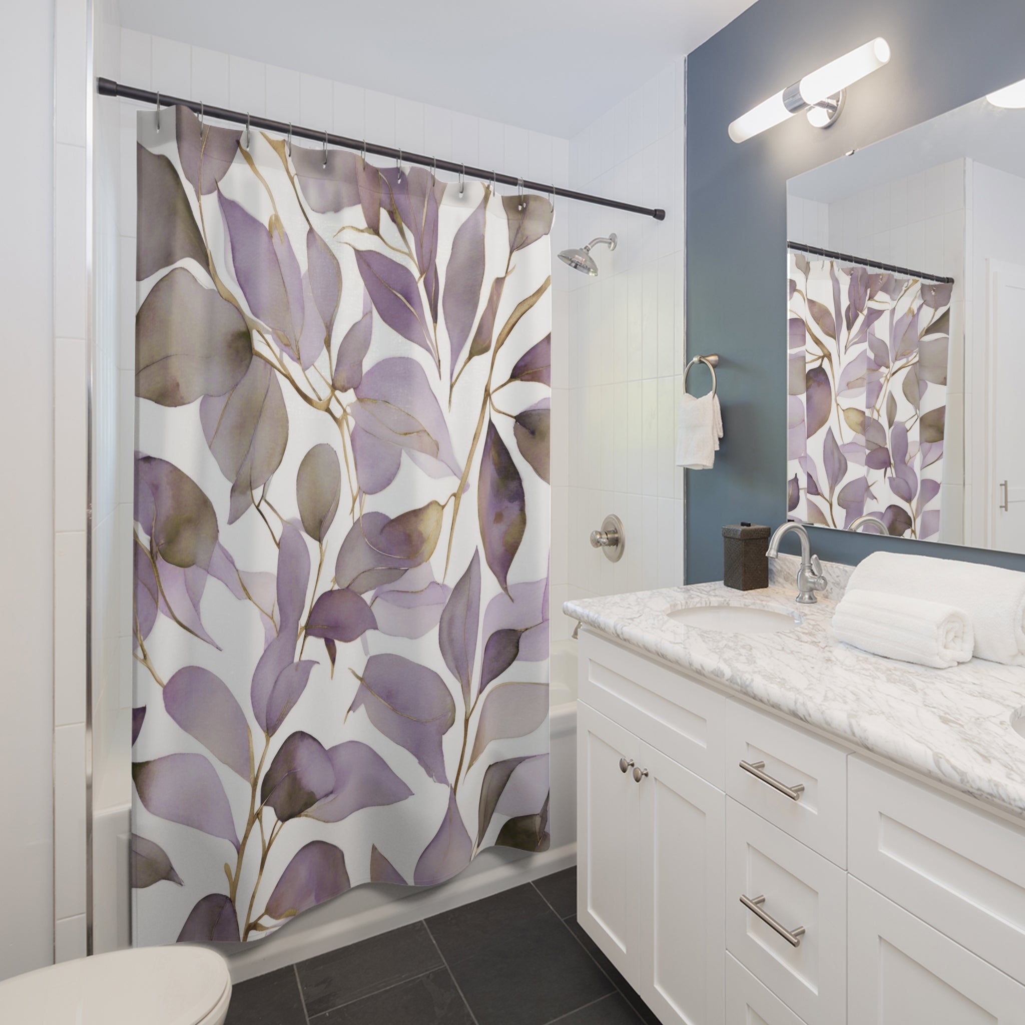 Floral Shower Curtain | Lavender Purple Beige White Leaves