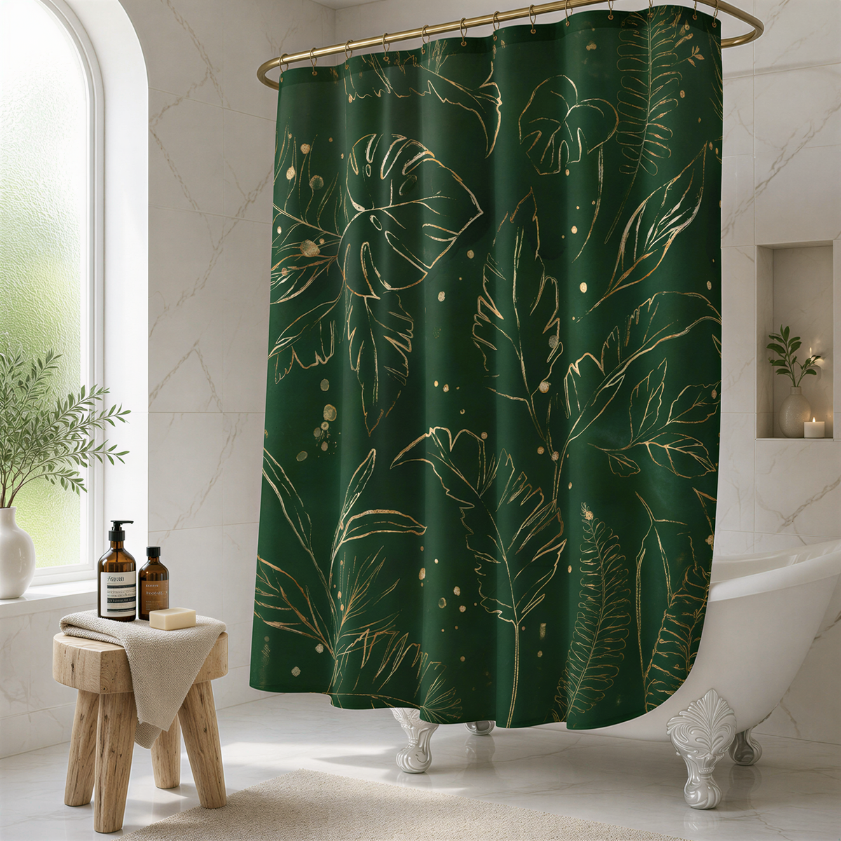 a bathroom with a green shower curtain adorned with gold leaf designs, a white bathtub, and a wooden stool.