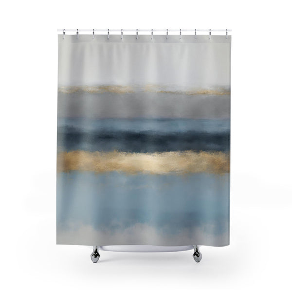 Abstract Shower Curtain | Pale Blue, Navy, Grey Muted Gold Curtain