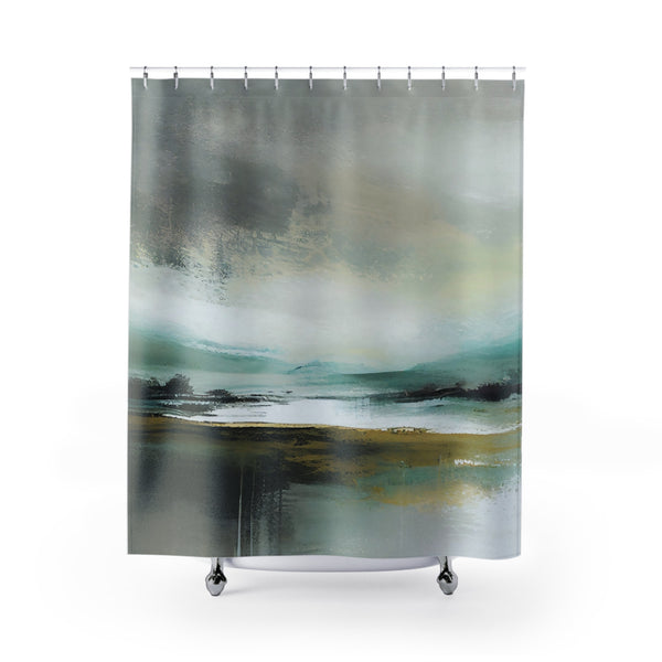 Boho Shower Curtain | Abstract Landscape, Grey Teal Green