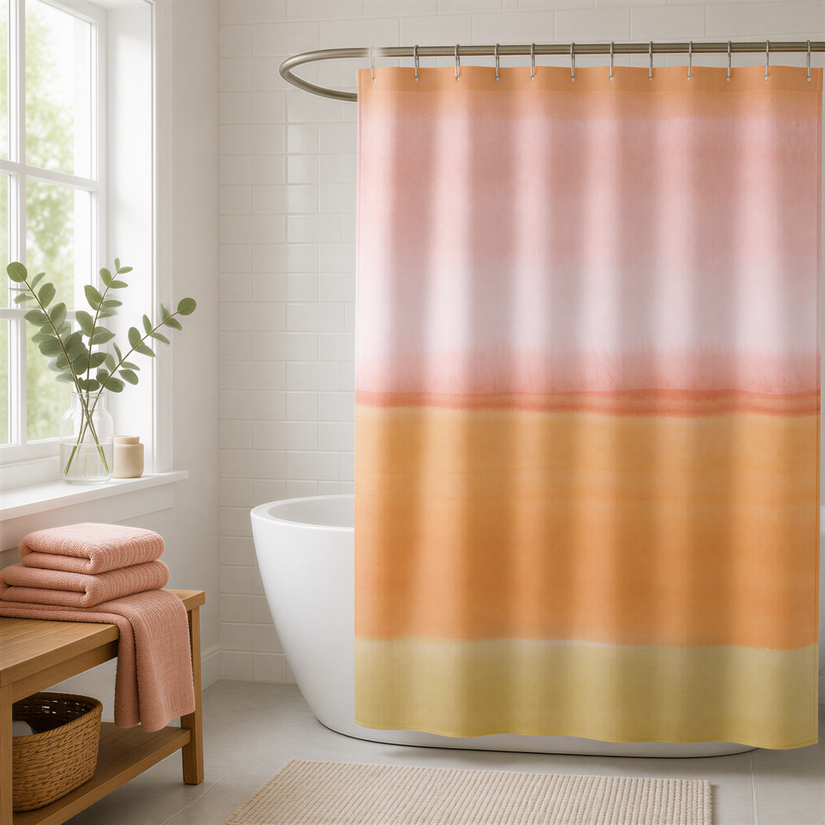 a bathroom with a shower curtain featuring a gradient of orange and pink colors. The shower curtain is hanging from a rod, and there is a window nearby. The bathroom also includes a white bathtub and a wooden bench.