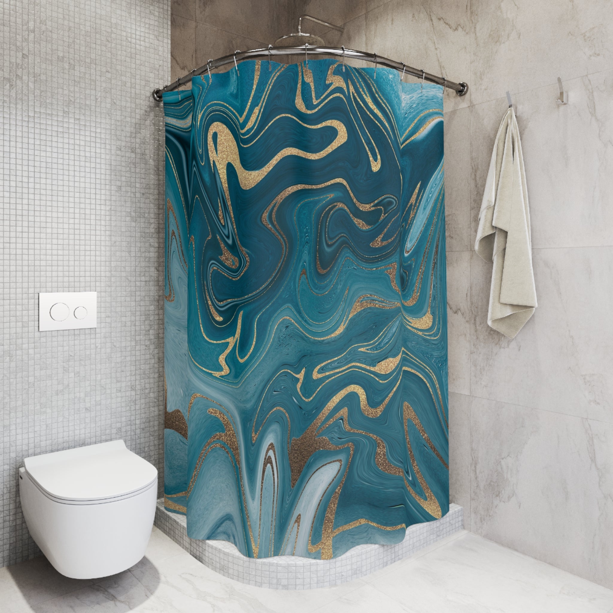 Abstract Marble Print Shower Curtain | Teal Blue Bathroom Decor