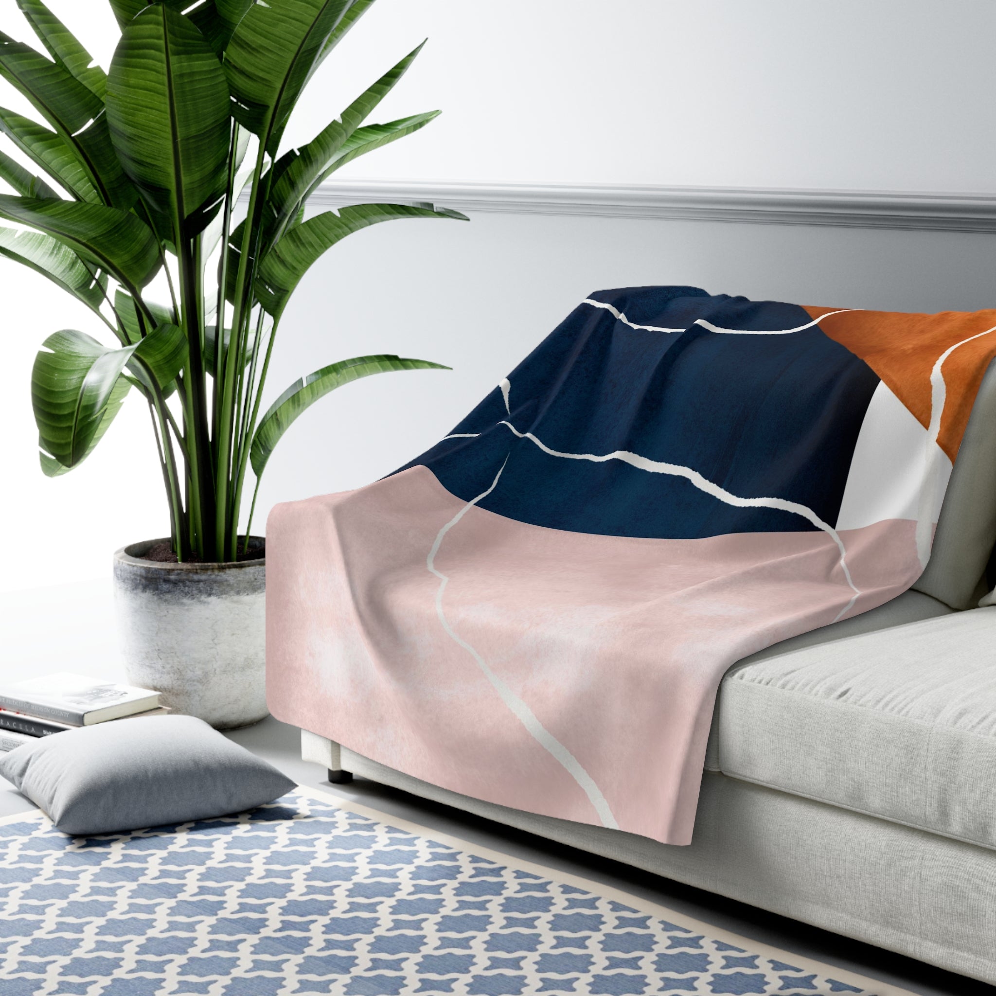 Abstract Throw Blanket | Navy Blue, Rust, Burnt Orange, White Blush Pink Modern Art