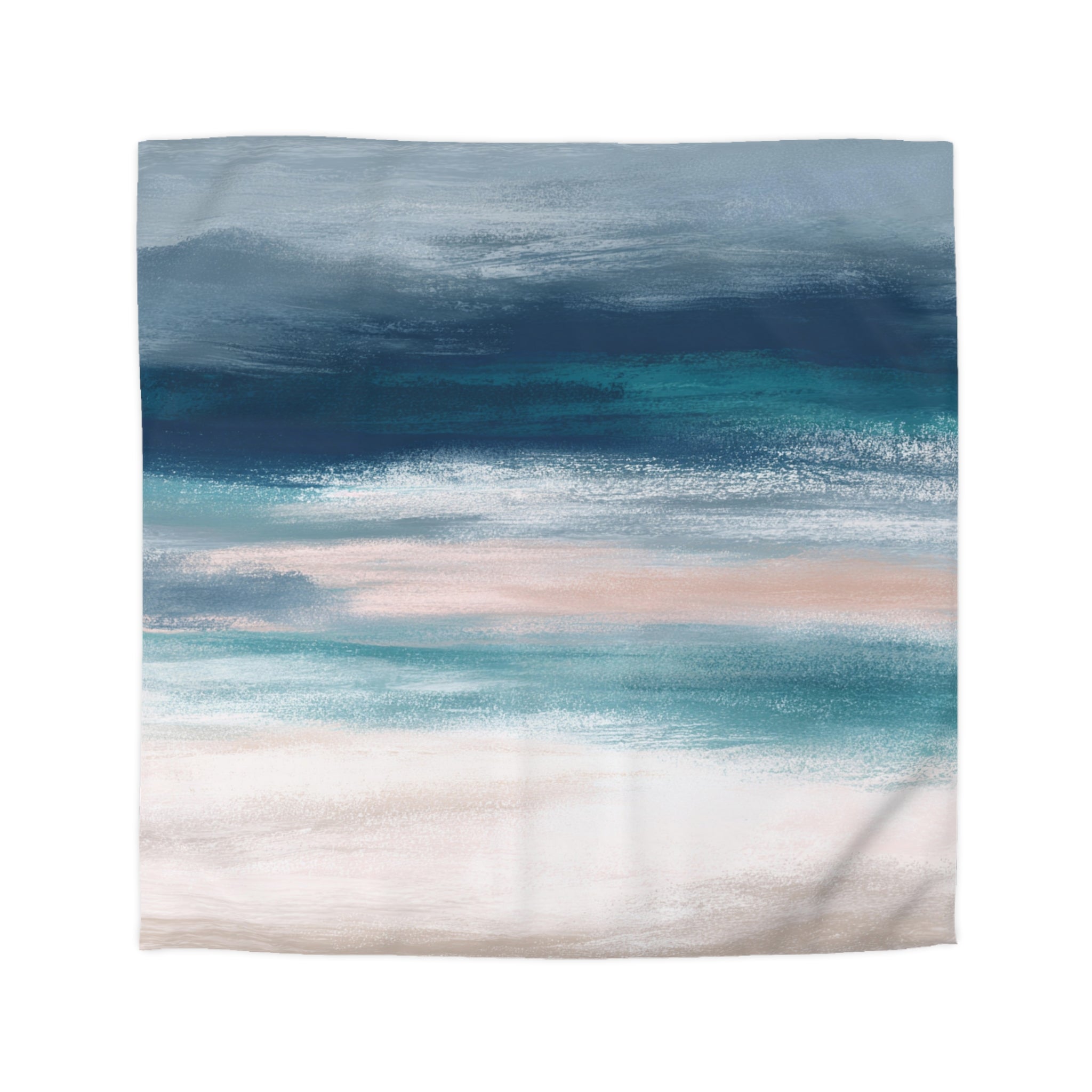 The image is a painting or artwork depicting a serene landscape with a blend of blue, pink, and white colors, creating a calming and peaceful atmosphere.