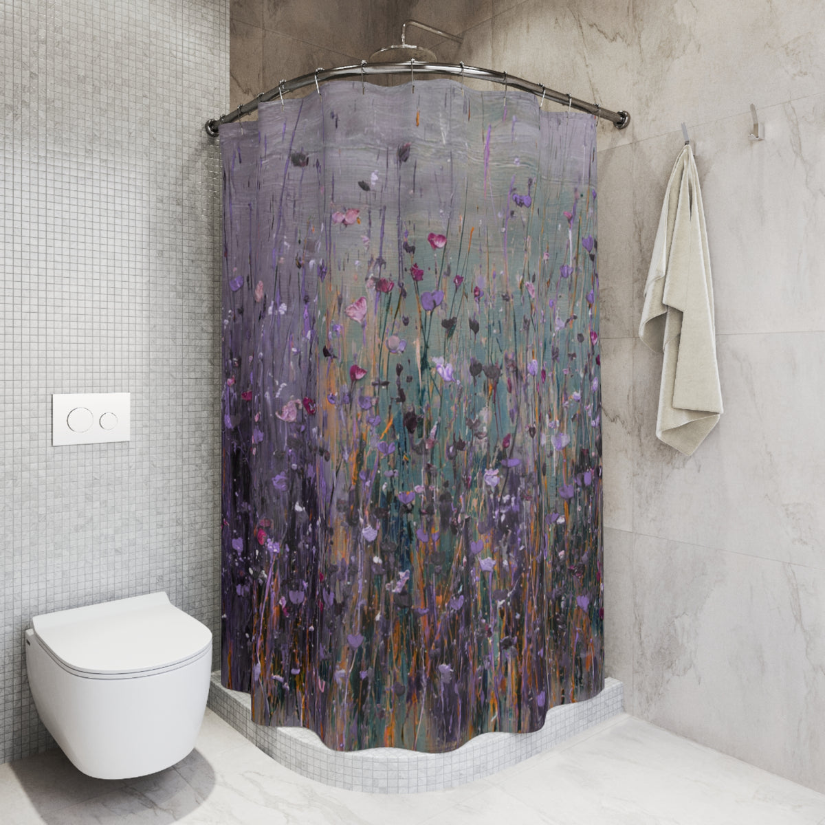 a bathroom with a shower curtain that has a floral pattern in shades of purple and green. The shower curtain is hanging from a rod next to a towel. The bathroom also includes a toilet and a sink.