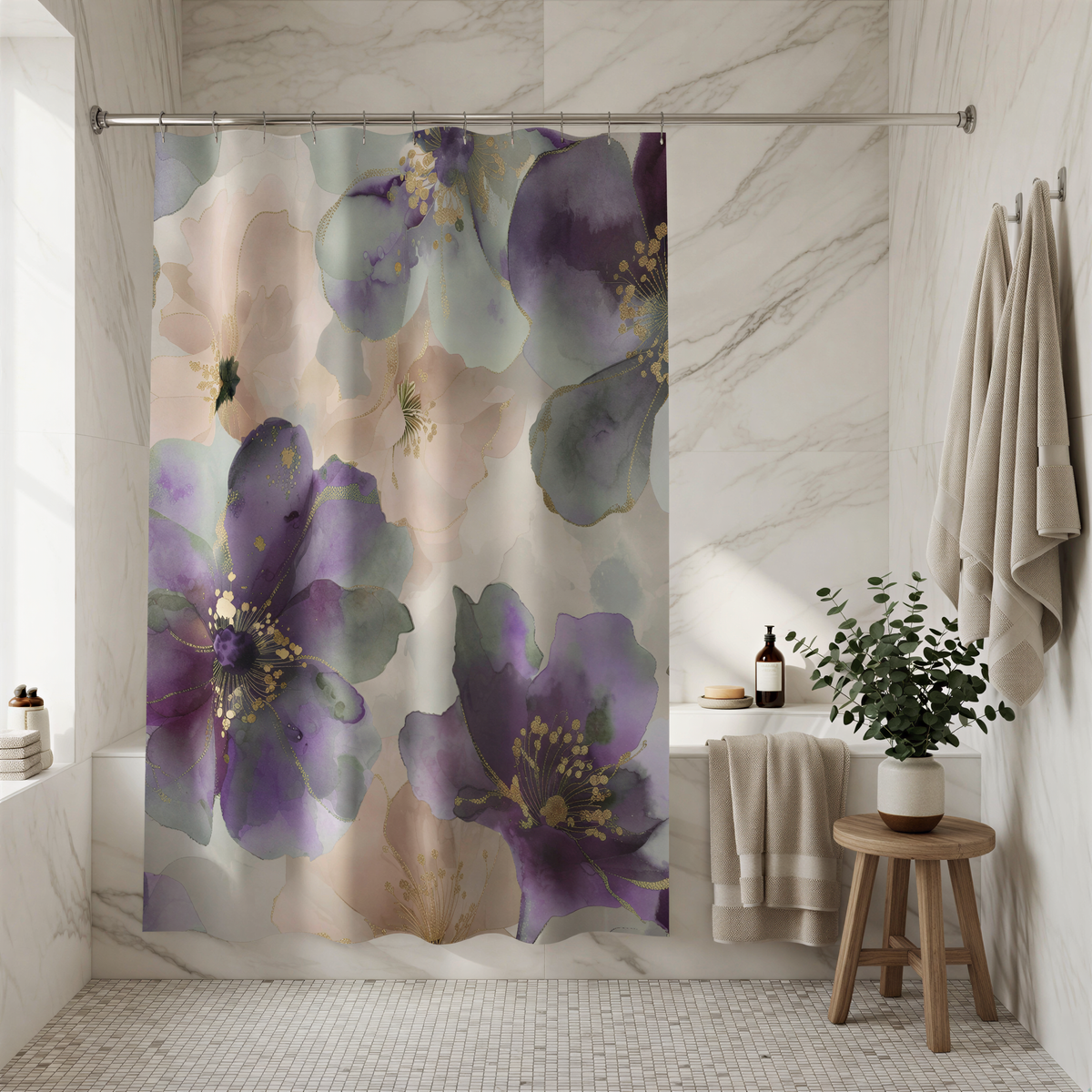 a bathroom with a shower curtain adorned with a floral pattern in shades of purple and pink. The shower curtain is hanging from a rod, and there is a small potted plant placed on a wooden stool next to the shower area.