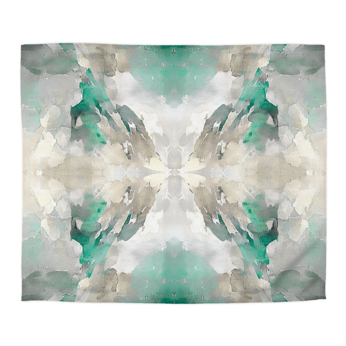 The image is a vibrant abstract painting with a mix of green, gray, and white colors. The painting features a symmetrical design with a central motif that is mirrored on both sides, creating a sense of balance and harmony. The overall composition is visually striking and captivating.