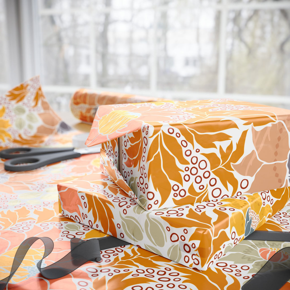 Mustard Peach Retro Floral Wrapping Paper, Fall Gift Wrap