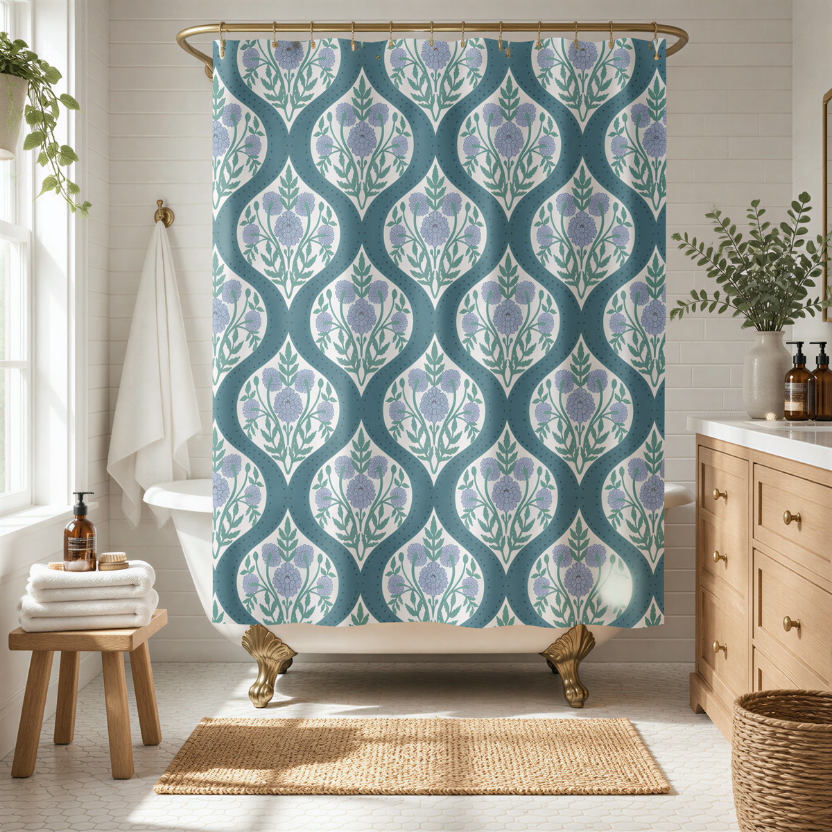a bathroom with a white bathtub, a shower curtain with a floral pattern, a wooden vanity, and a rug on the floor.