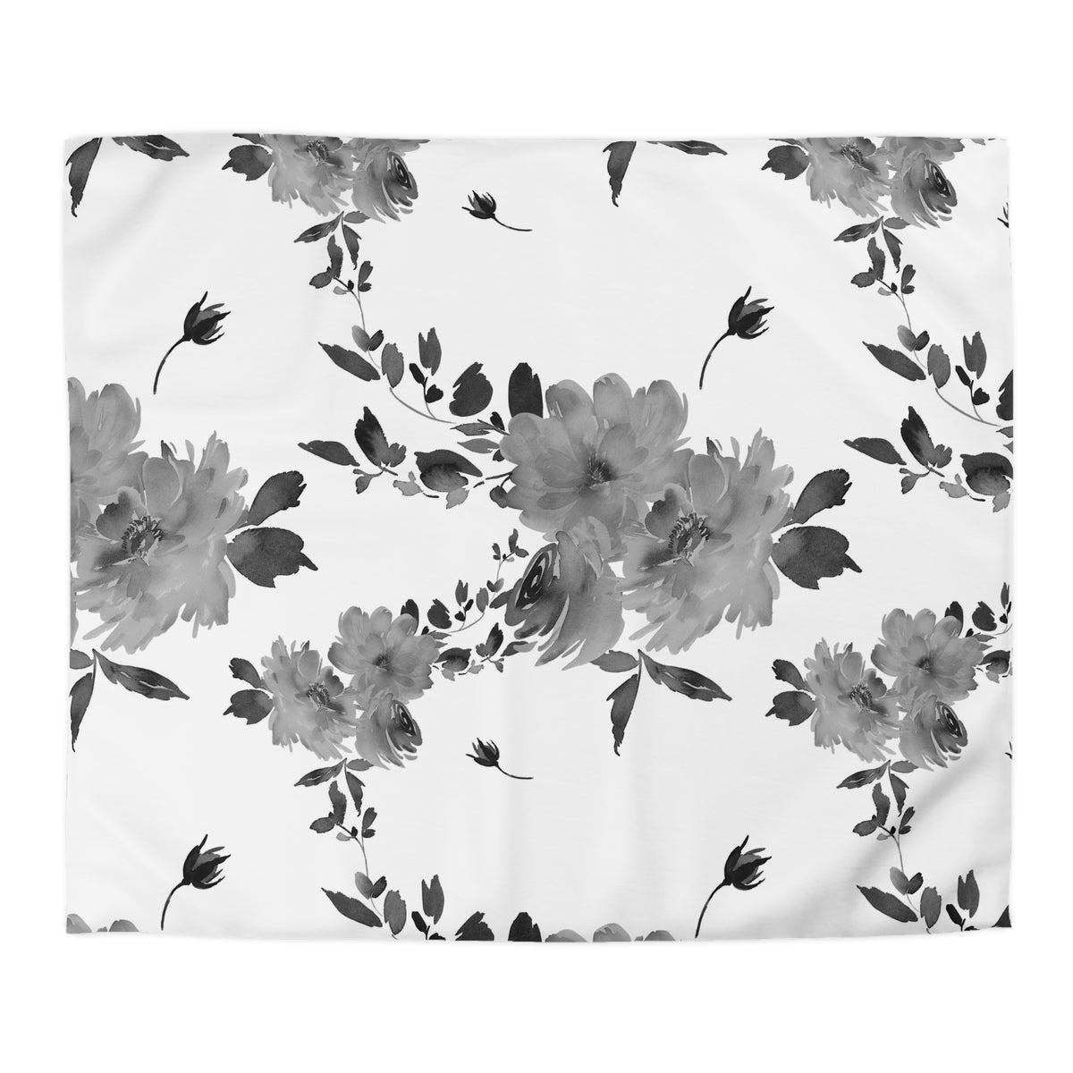 a repeating floral pattern in black and white, with various flowers and leaves scattered across the frame.