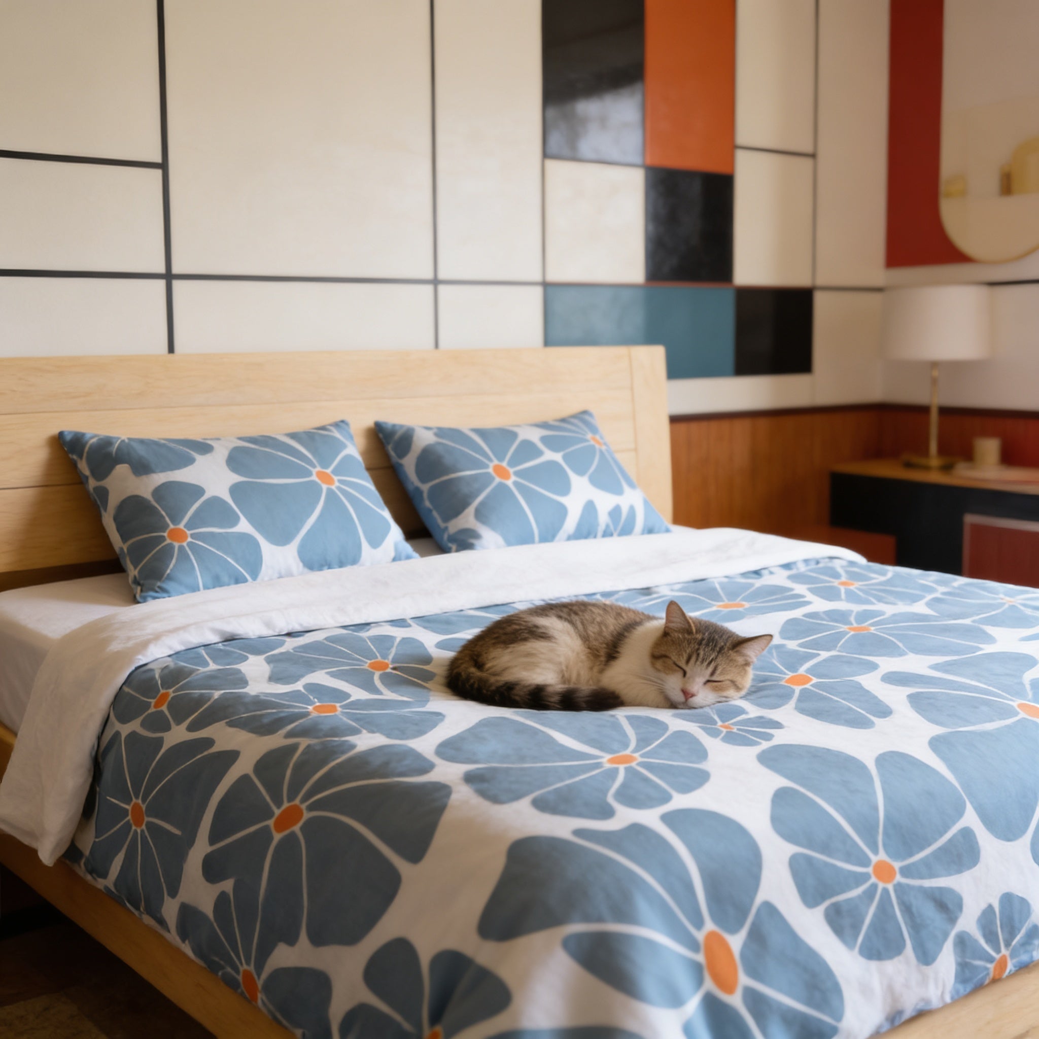 A cat is curled up and sleeping on a bed with a blue and white floral comforter.