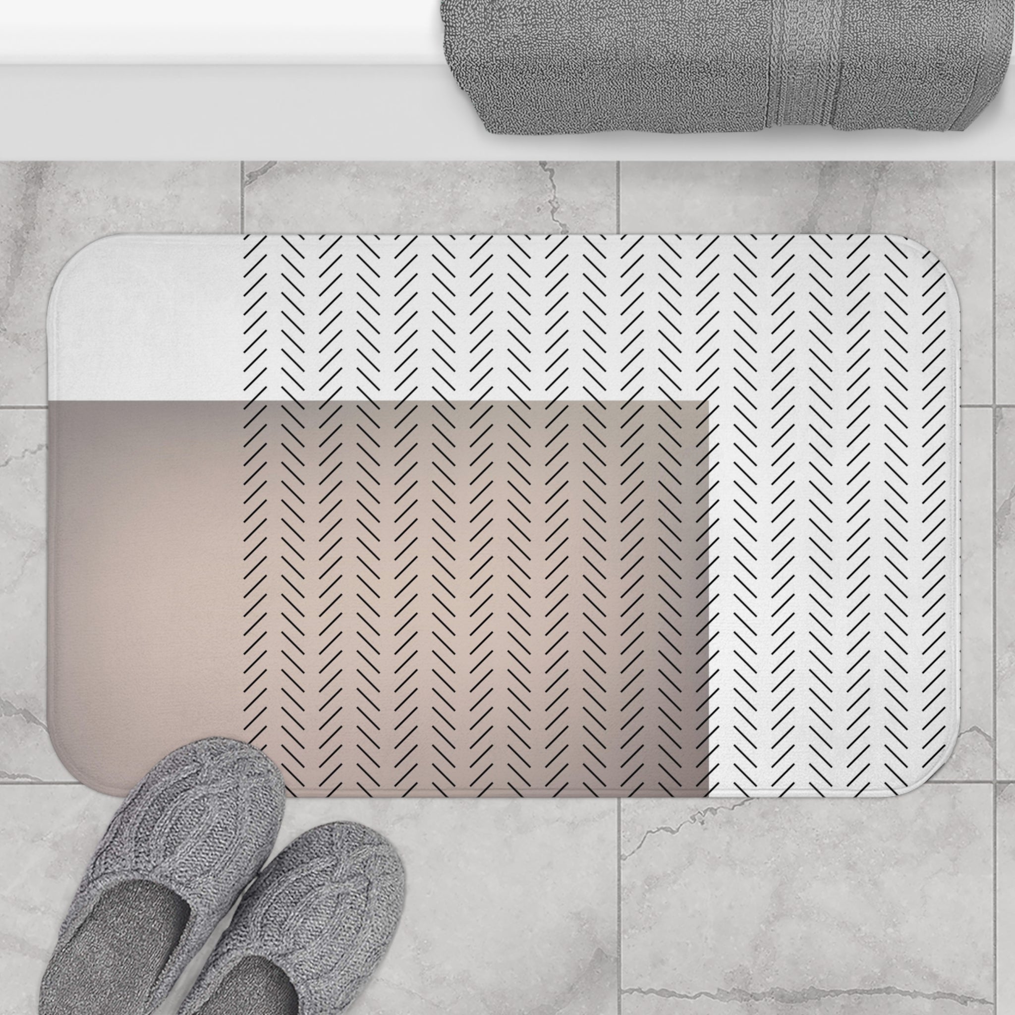 Art Deco Bath Mat, Kitchen Mat | Geometric White Beige Black