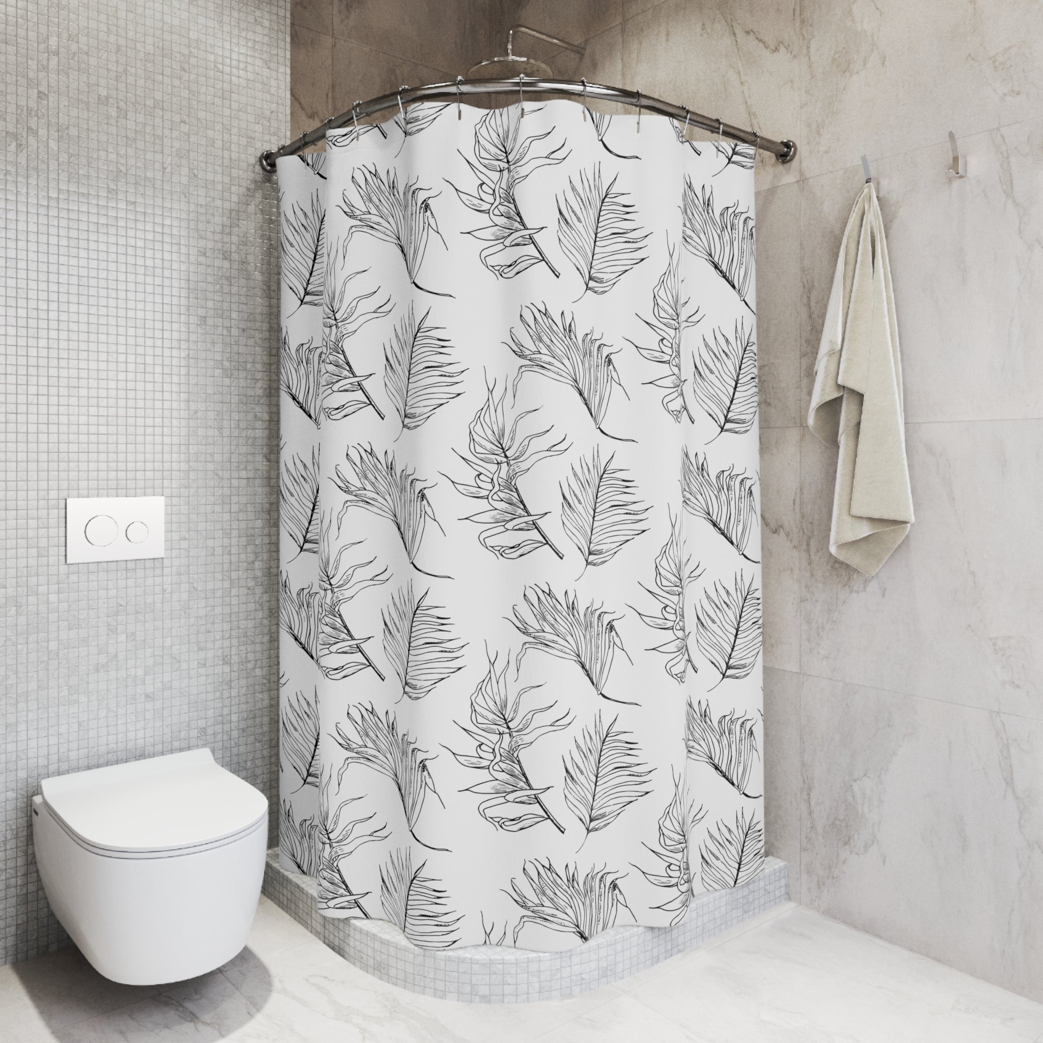 Boho Shower Curtain | Black White Leaves Bathroom Decor