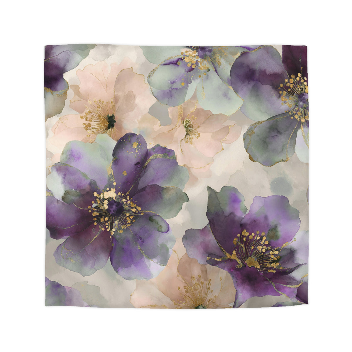 a square-shaped floral pattern with purple and pink flowers, some of which are adorned with gold accents.