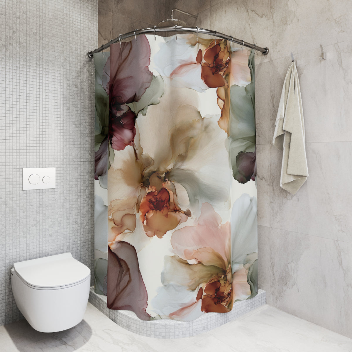 Mauve Sage Muted Floral Shower Curtain, Bath Curtain 71x74