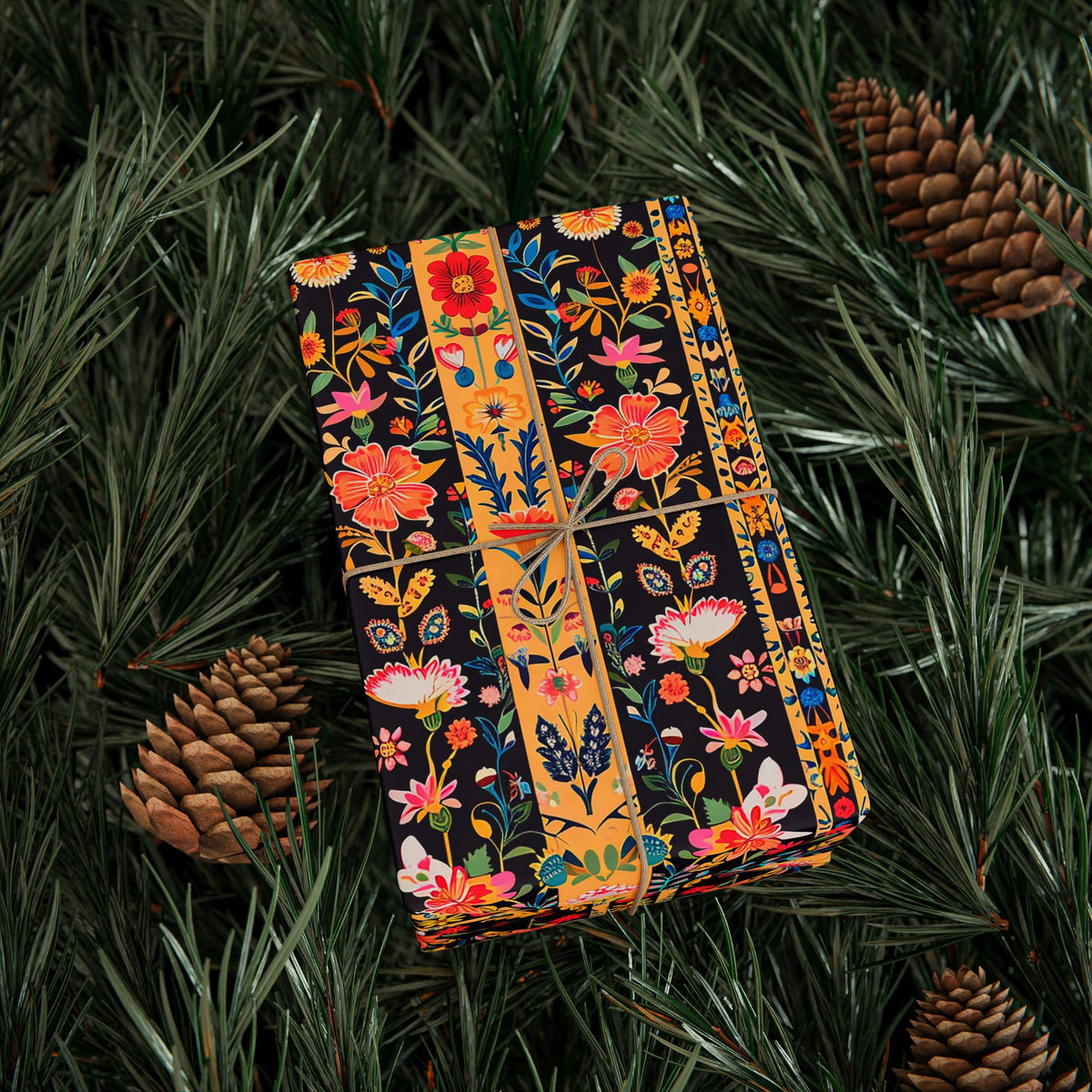Black Mustard Folk Floral Stripe Wrapping Paper, Gift Wrap
