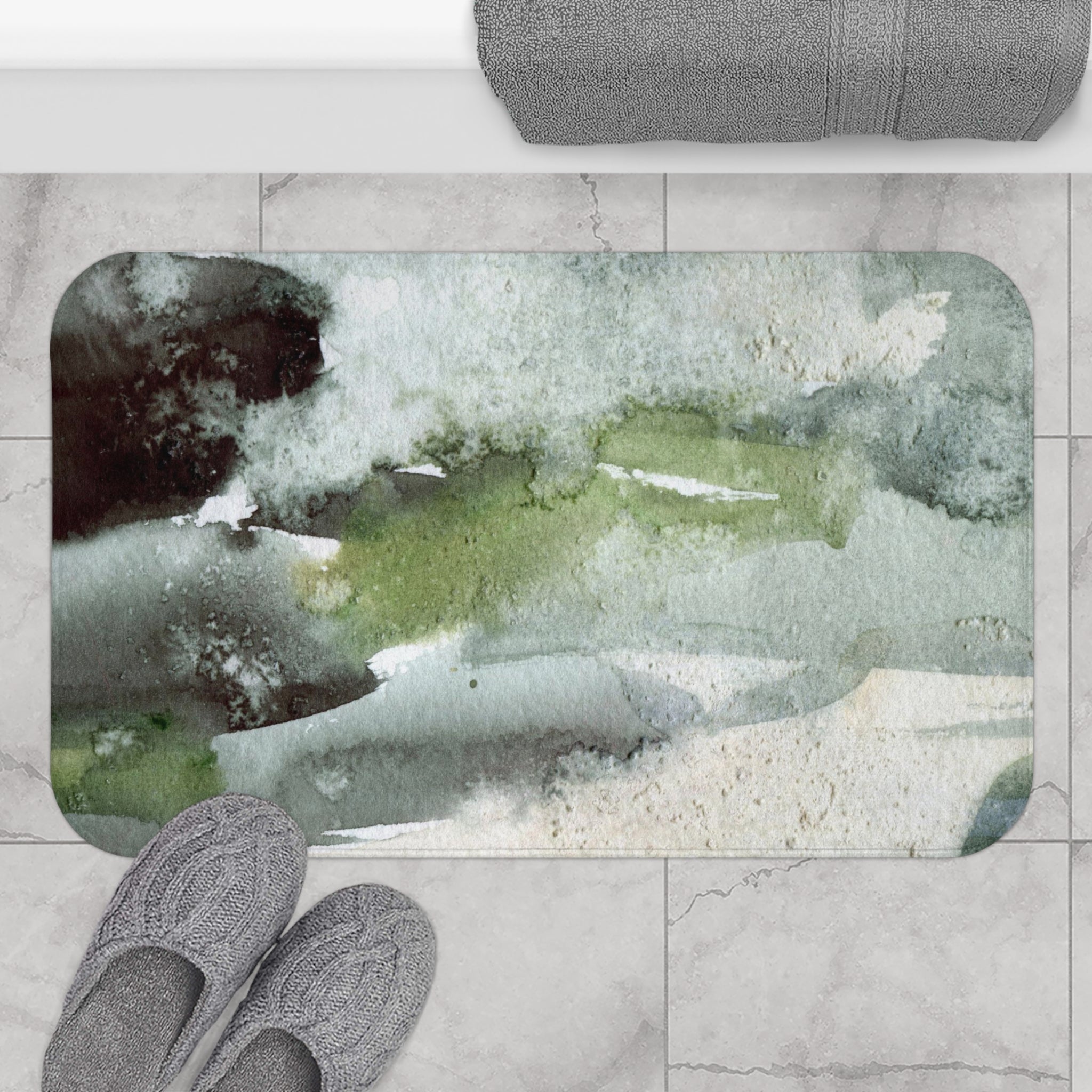 Abstract Bath, Kitchen Mat | Green Grey Watercolor