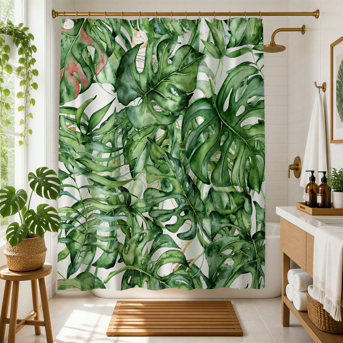 a bathroom with a shower curtain adorned with a tropical plant print. The shower curtain is hanging from a rod, and the bathroom is decorated with various plants and other accessories.