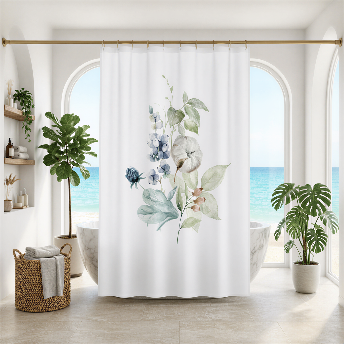 a serene and modern bathroom with a large window overlooking the ocean. The bathroom features a white bathtub with a floral shower curtain, and the room is decorated with potted plants and other natural elements.