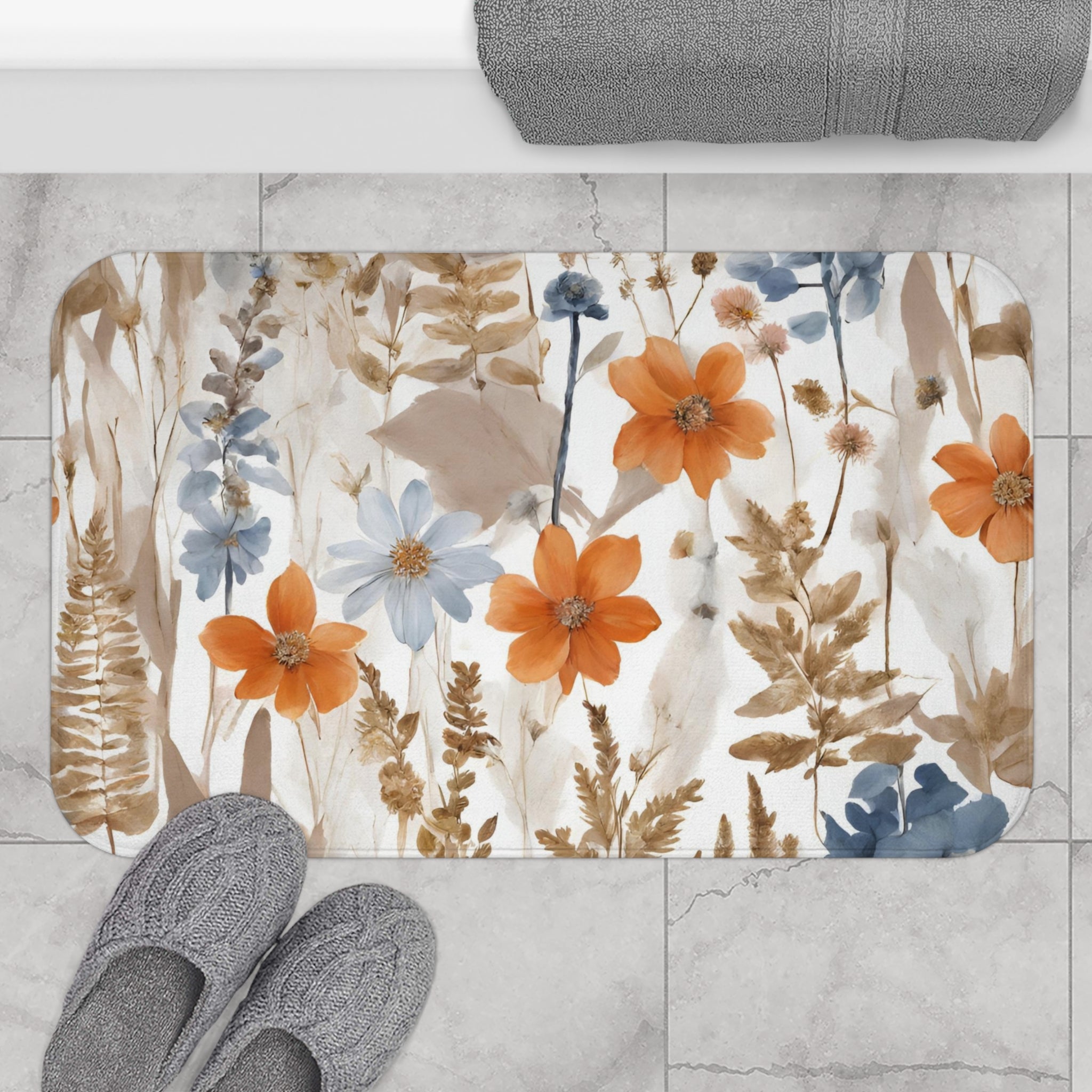 Floral Bath Mat | White, Beige, orange wildflowers