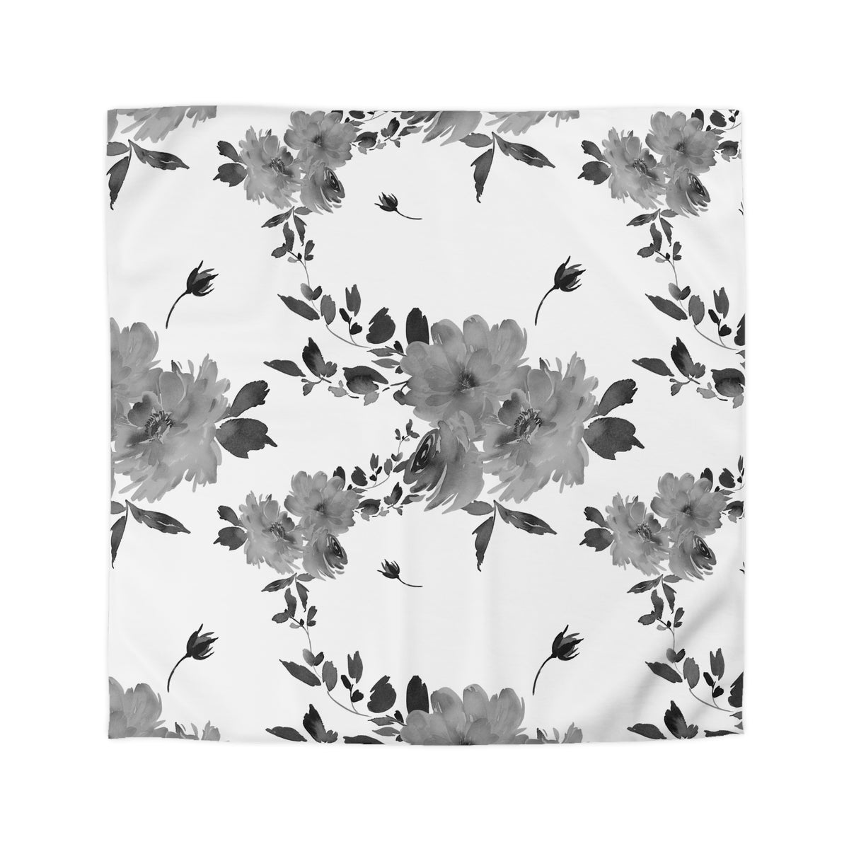 a repeating floral pattern in black and white, with various flowers and leaves.