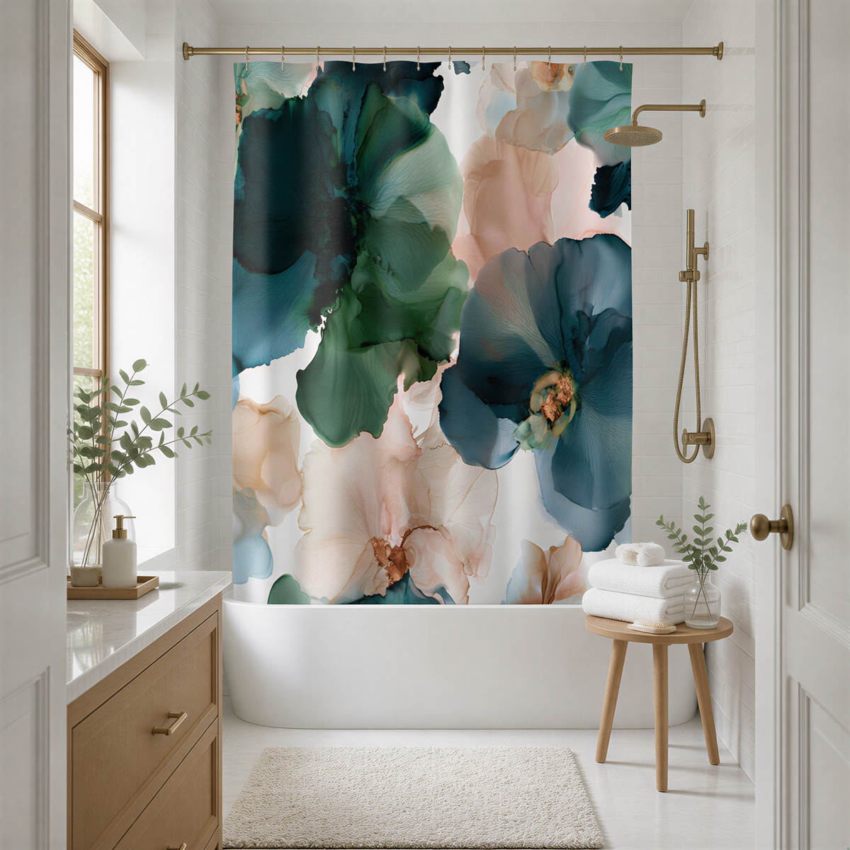 a bath room with a bath tub and a shower curtain
