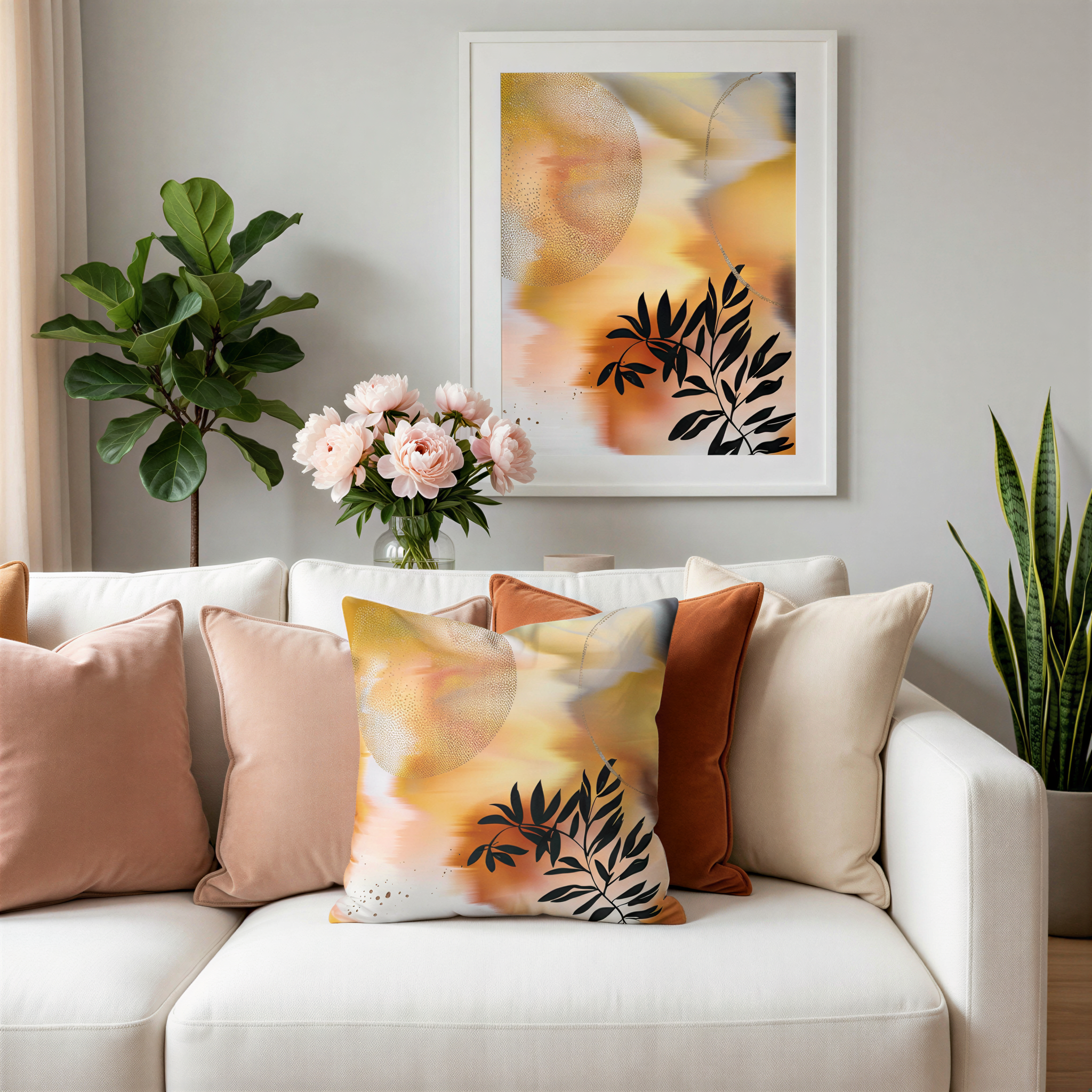 a cozy living room with a white sofa adorned with colorful throw pillows, a framed abstract painting hanging on the wall, and a potted plant nearby.